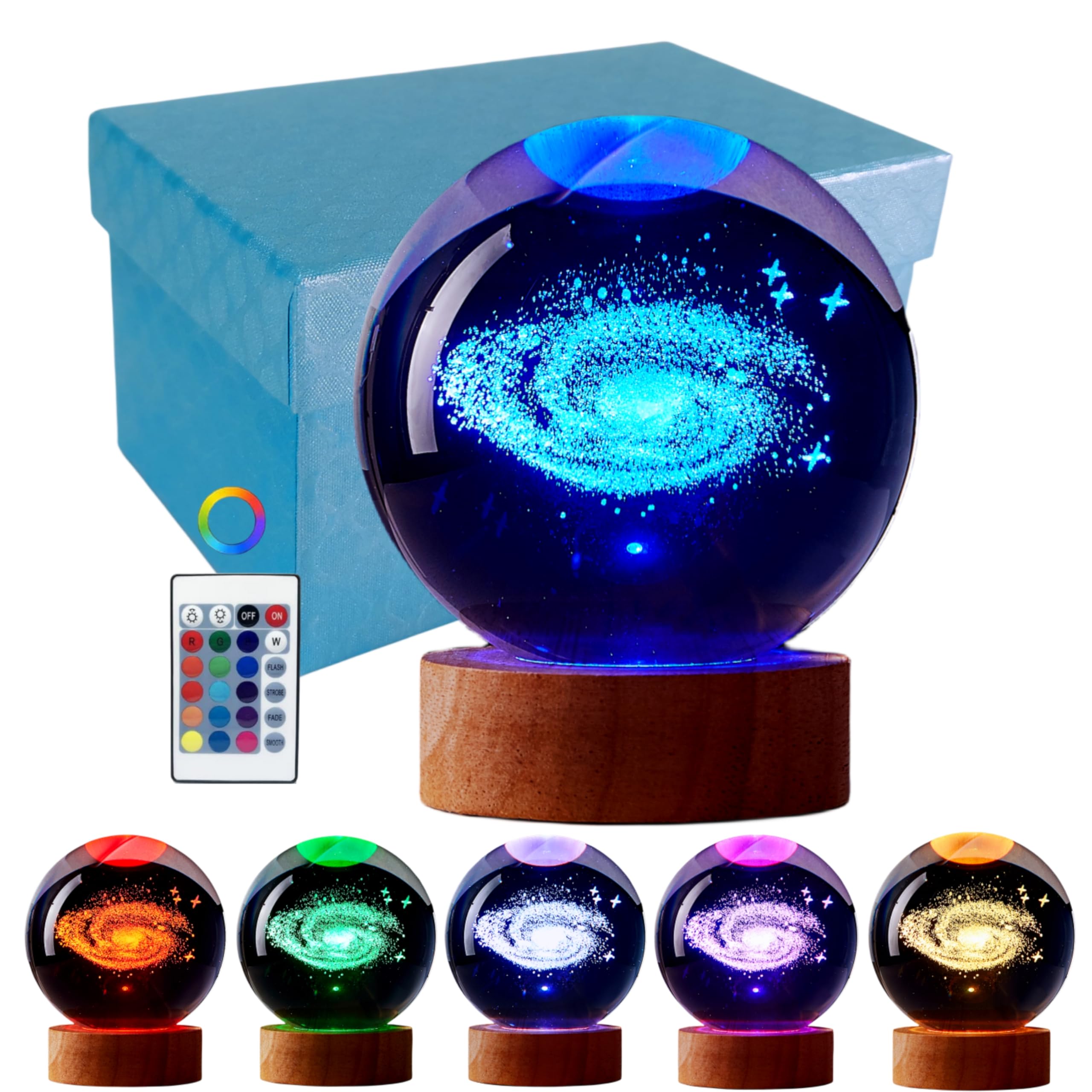 3D Galaxy Crystal Ball Lamp, Upgraded 3.15 Inch Galaxy Crystal Ball Night Light with 16 Colors LED Wooden Base, Remote Control, 