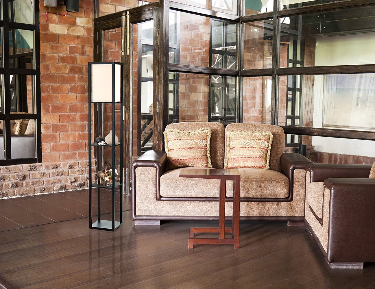 Simple Designs Lf1014-Blk 62.5&quot; Modern Etagere Organizer Storage 3 Shelf Floor Lamp With White Linen Fabric Shade For Home Décor, Office, Study, Bedroom, Living Room, Dining Room, Black