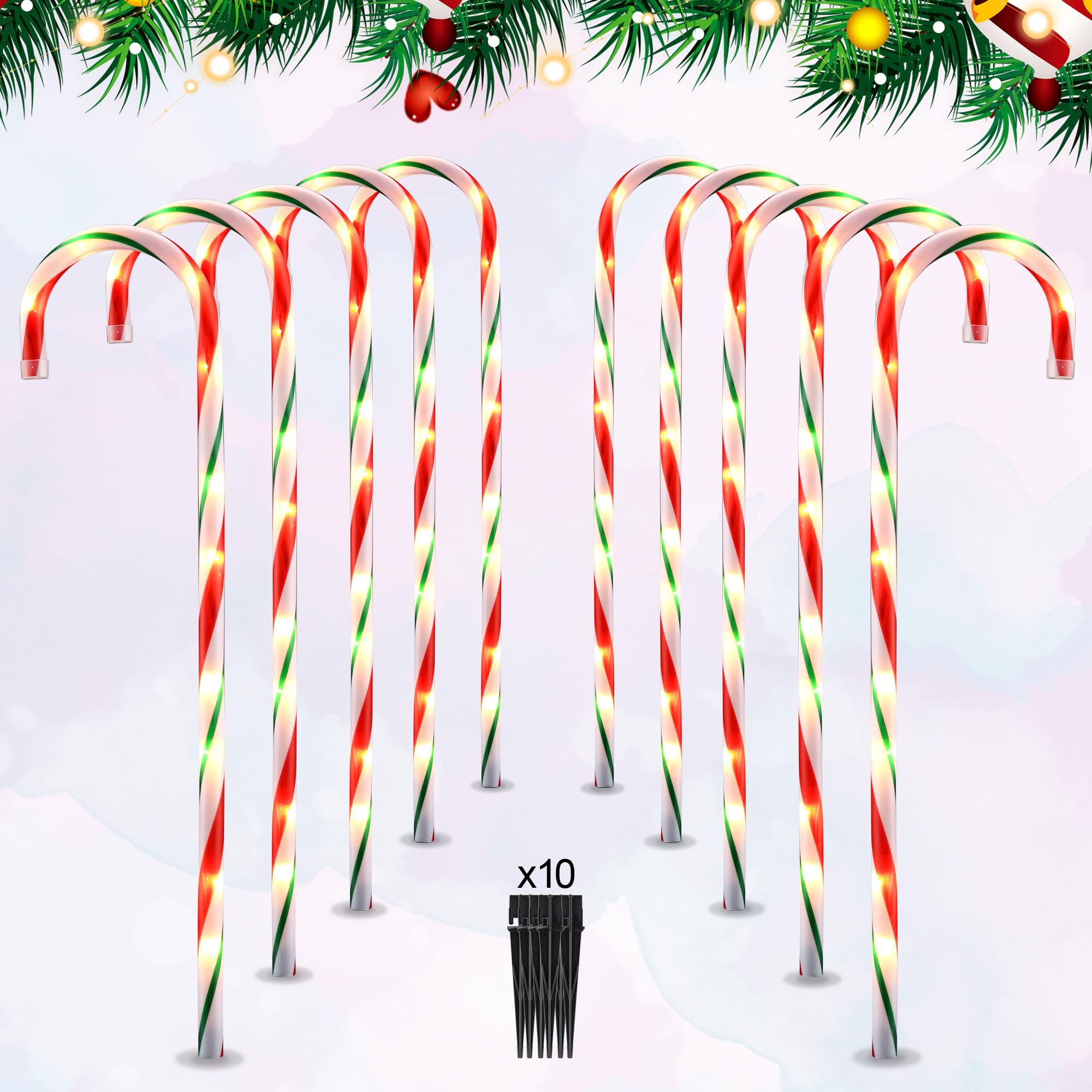 VCOKEN 30'' Christmas Candy Cane Lights Outdoor Pathway, Set of 10 Christmas Candy Cane Markers Decoration, Connectable & Light 