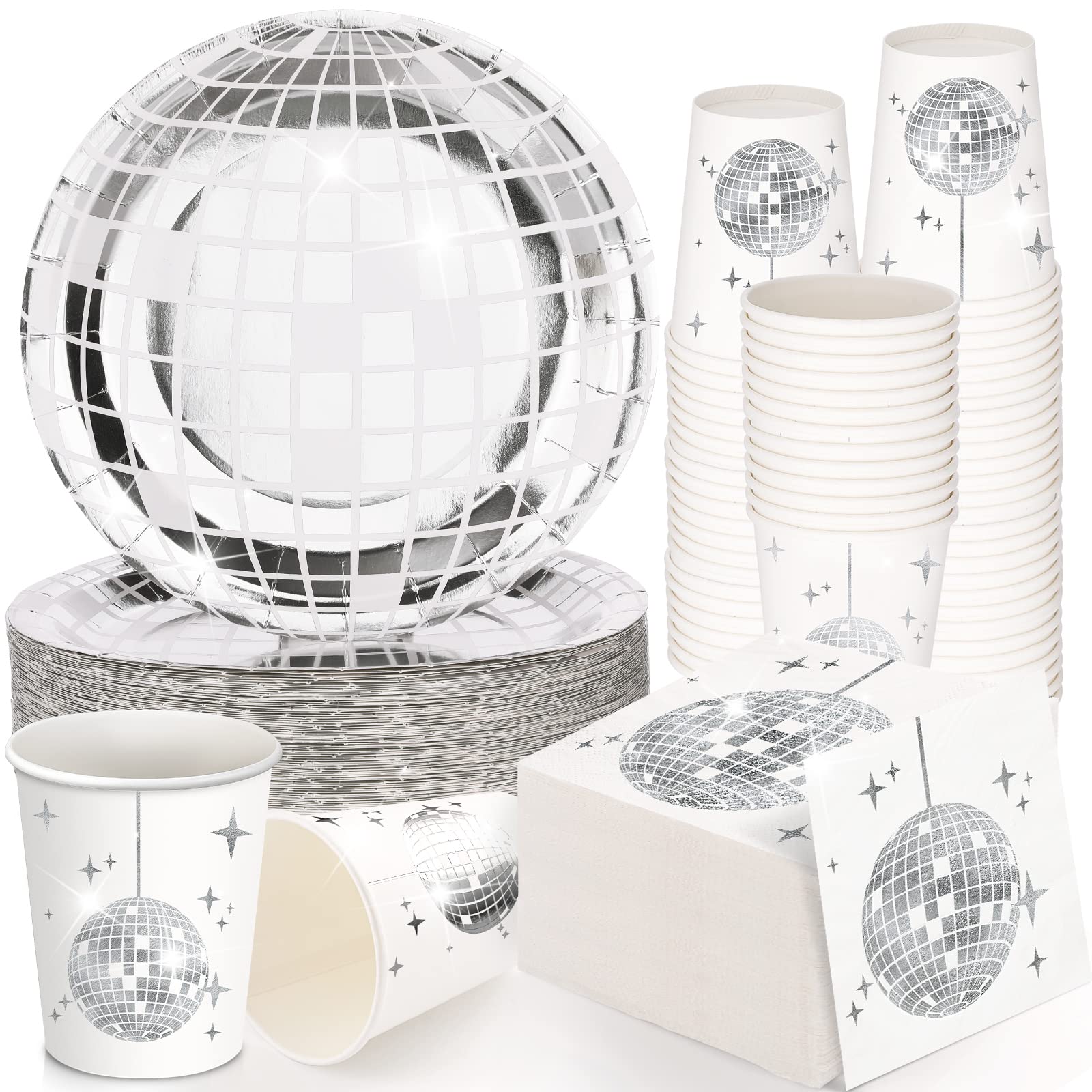 Gerrii Disco Party Supplies Set - 50 Paper Dinner Plates, 50 Silver Cups, 50 Cocktail Napkins - White and Silver - Model: Gerrii-Disco Party-70