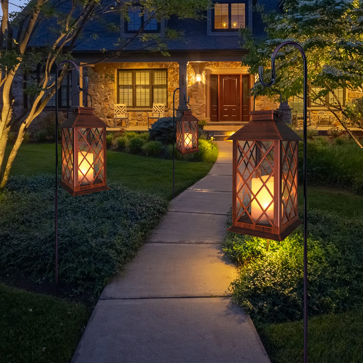 [2 Pack] Take Me 14'' Solar Lantern Outdoor Garden Hanging Lantern Waterproof Led Flickering Flameless Candle Mission Lights For