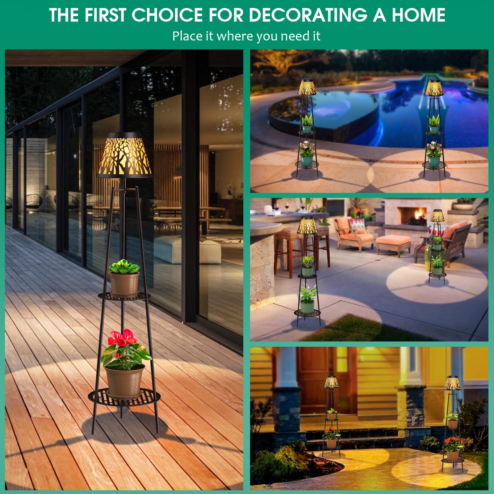 Candieslife 2 Pack Outdoor Solar Lights With Plant Stands, 45.5'' Metal Solar Floor Lamps Waterproof Solar Garden Lights For Pat