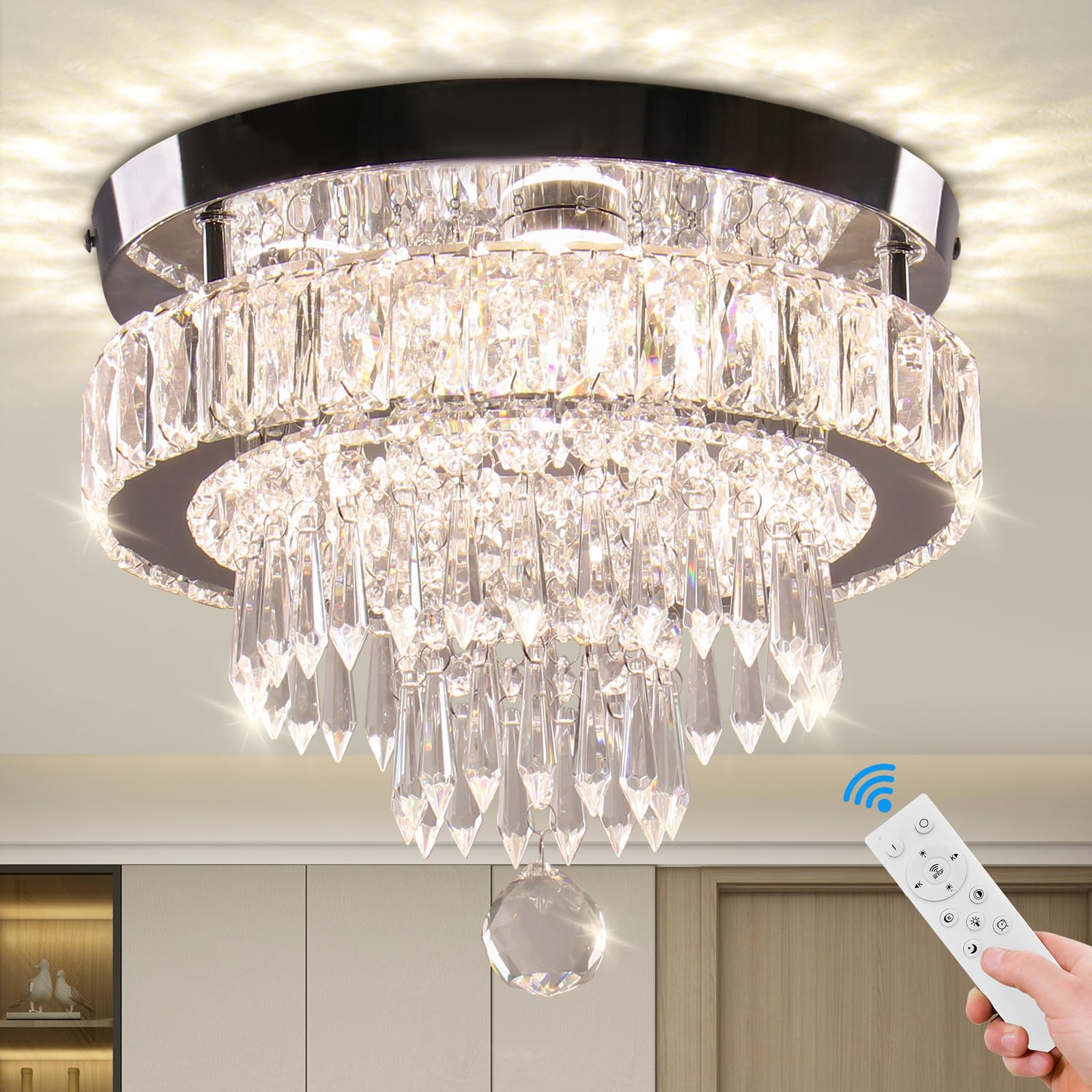 LEONTYNE 11.8 inch Modern Crystal Chandeliers Dimmable LED Ceiling Light Fixtures Stainless Steel Flush Mount Ceiling Chandelier