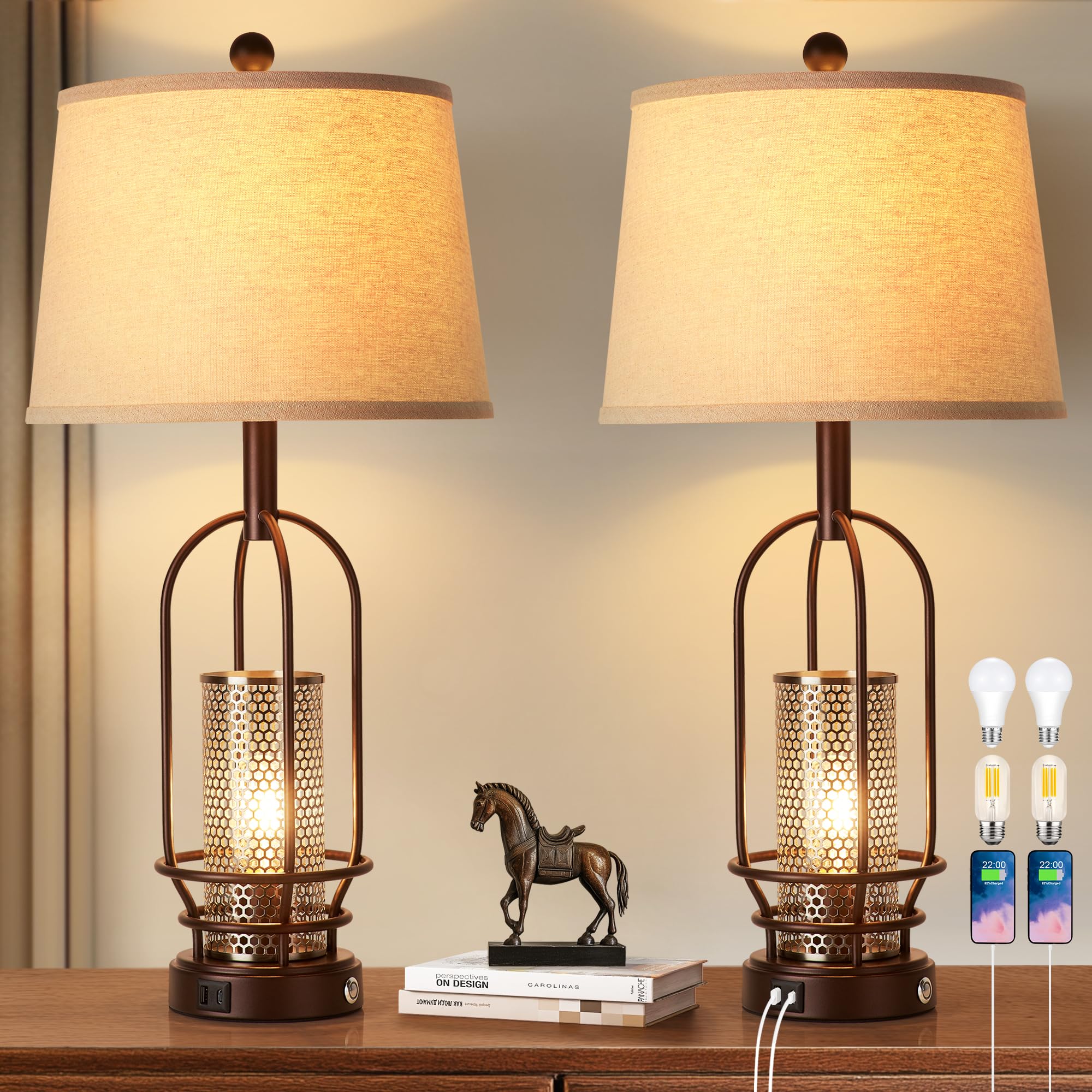 Srjja 28'' Table Lamps For Living Room Set Of 2, Retro Farmhouse 3-Way Dimmable Industrial Touch Bedside Lamps With Usb A+C For 