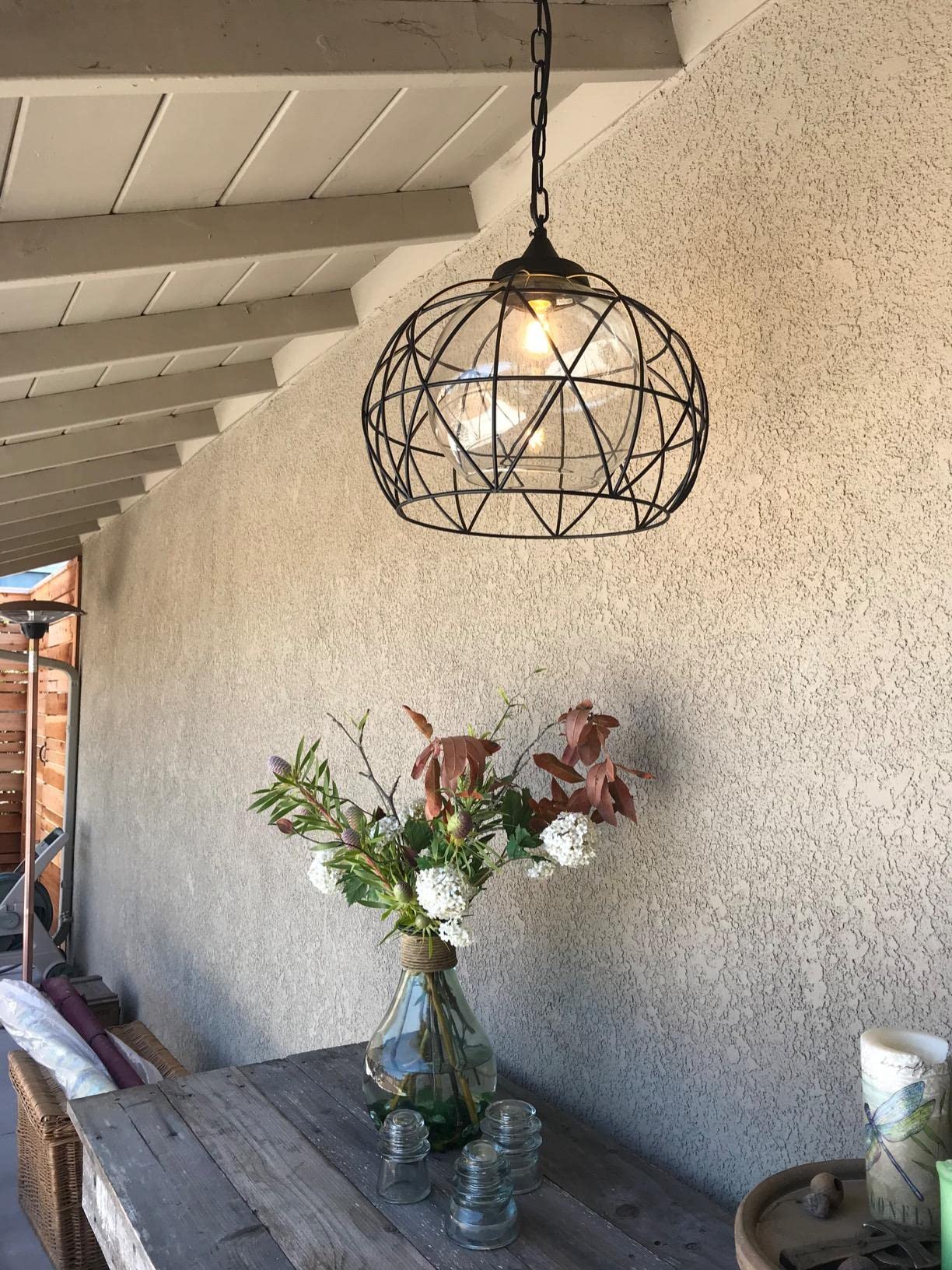 Wellmet 1-Light Outdoor Chandelier, 14.5 Inch Black Cage Pendant Lighting with Glass Shades for Dining Room, Bar, Hallway, Entryway