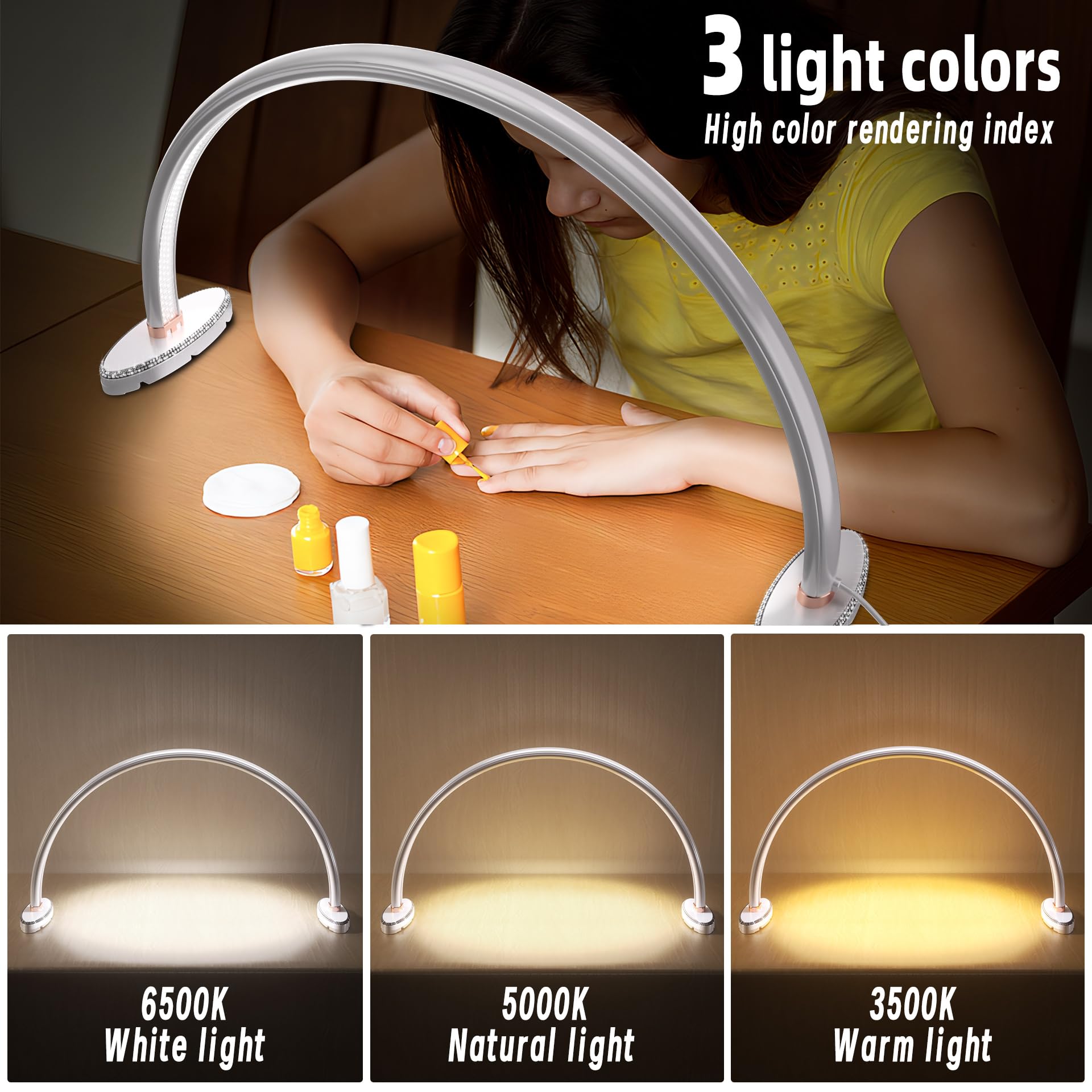 2 Pack Half Moon Light For Nail Desk.3Light Colors.Adjustable Brightness.180 Degree Lllumination,Lamp For Nails Table For For Pa