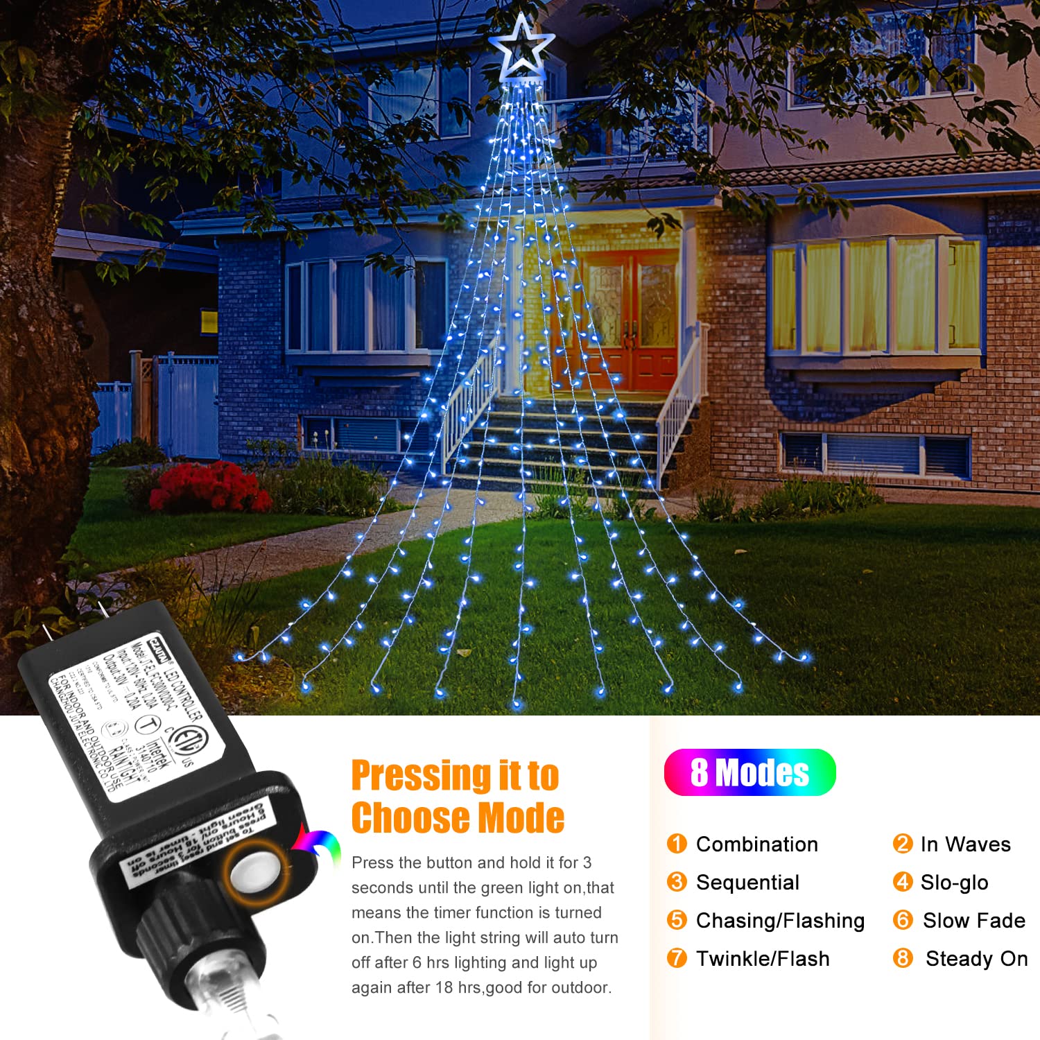 Miniao 320 Led Outdoor Christmas String Lights, Waterproof Blue Light With 8 Modes For Holiday Decor