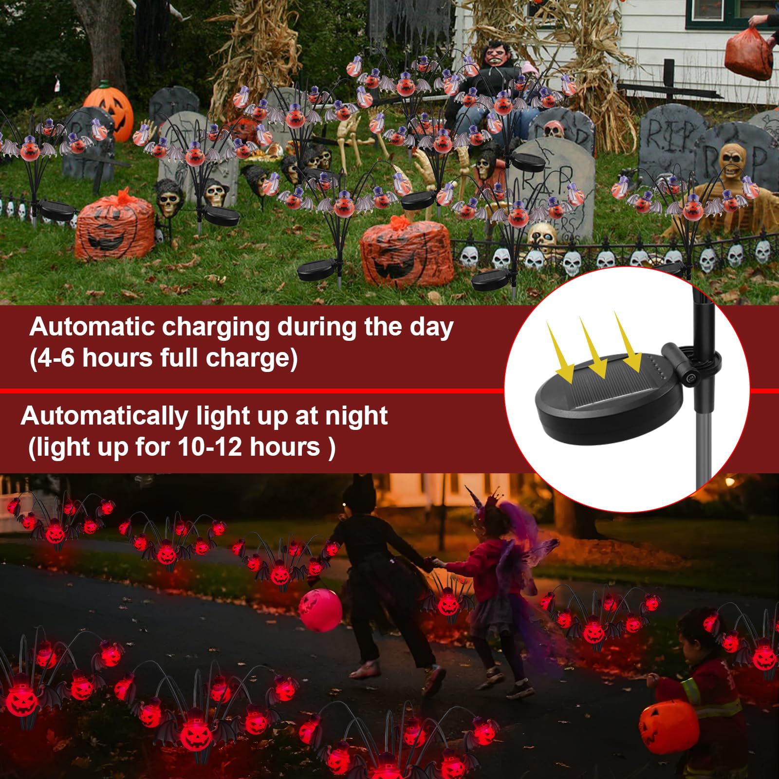 2Packs 12Led Halloween Decorations Solar Garden Lights Outdoor,3D Scary Red Bat&Pumpkin Swaying Firefly Lights For Spooky Hallow