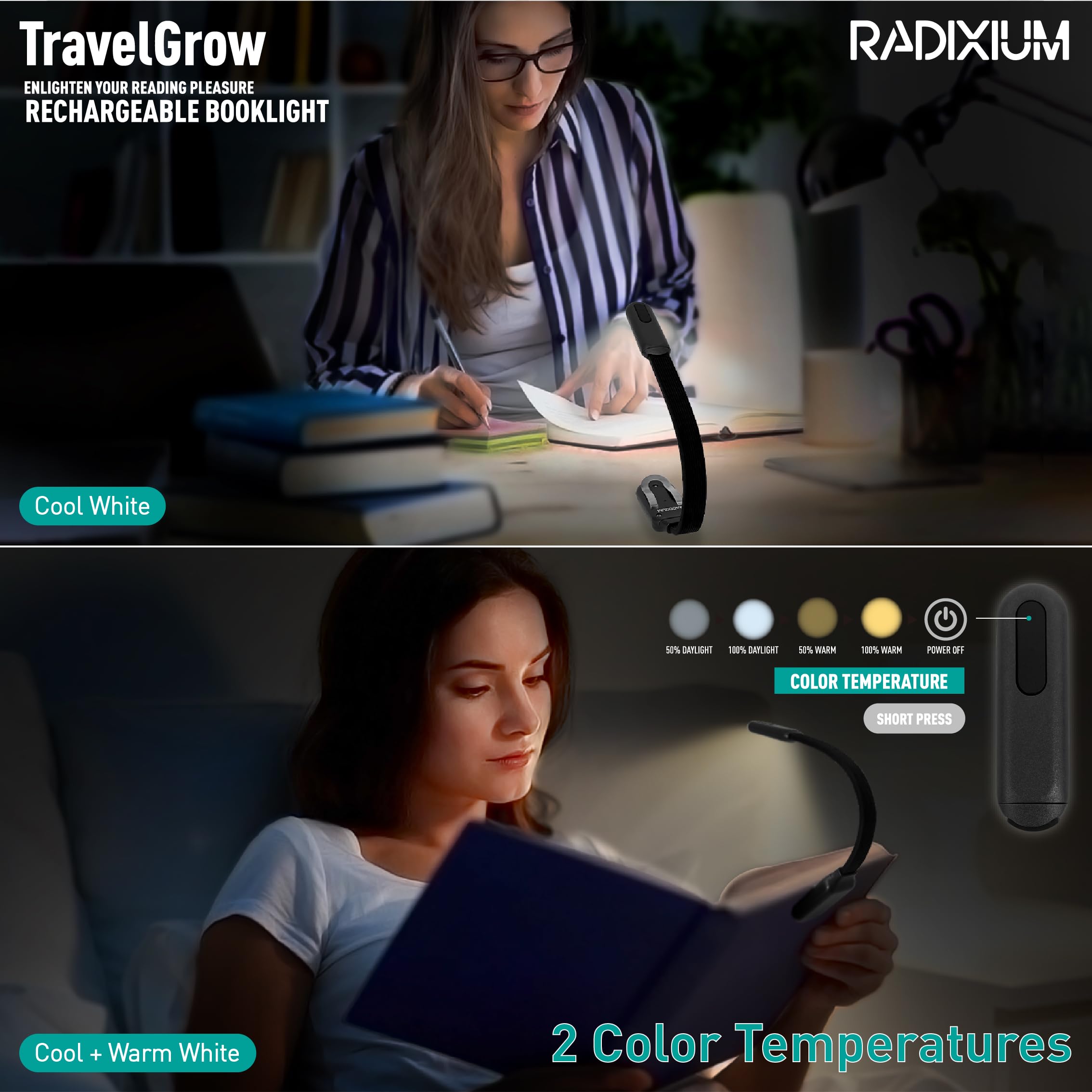 RADIXIUM Slim Rechargeable Book Reading Light, Eye-Caring LED, 4 Color Temperatures, Portable Clip-On, Gray, Model AI4804BM
