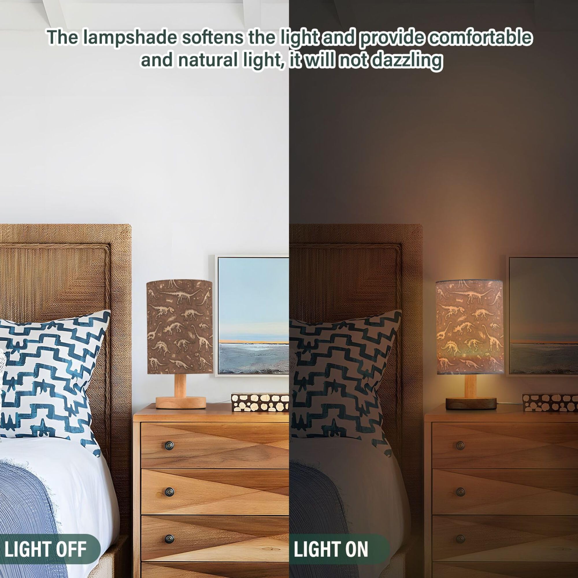 Yyzzh Table Lamp Dinosaur Fossil Dino Skeletons Pattern Nightstand Lamp With Wood Base Fabric Lamp Shade Bedside Desk Lamp For L