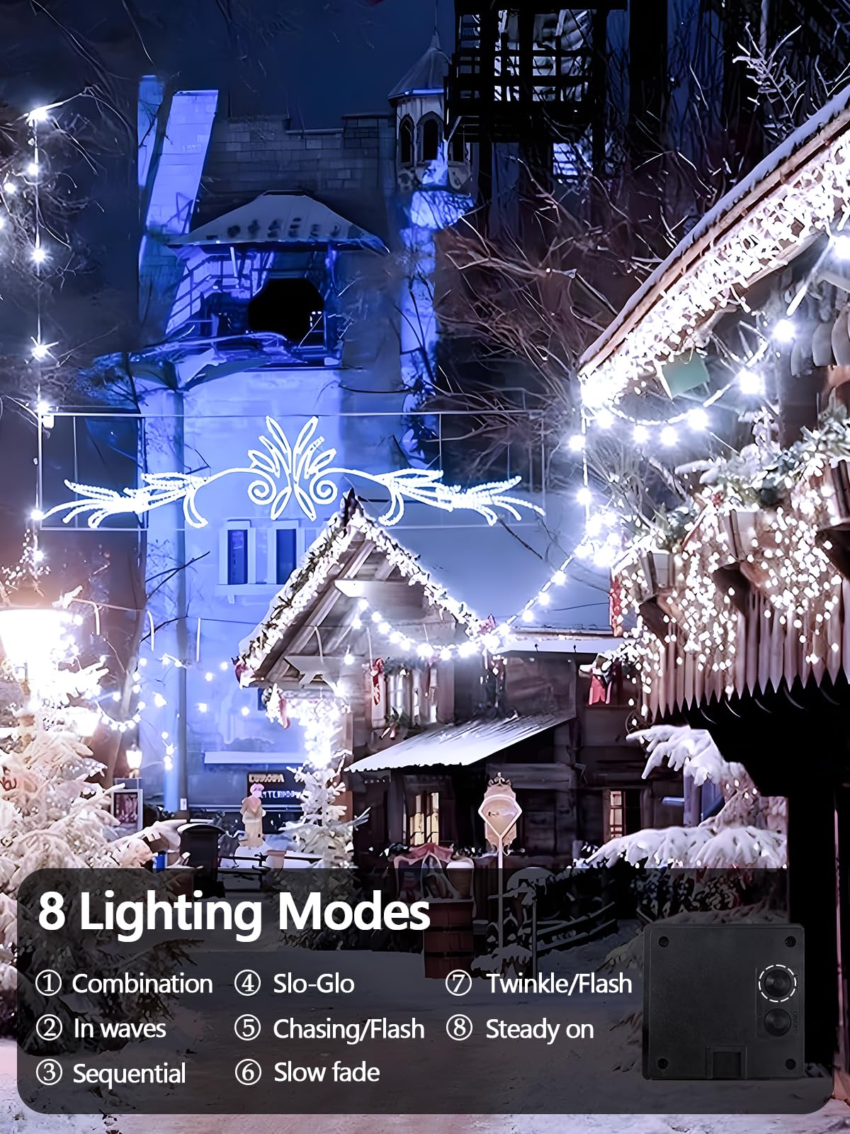 EEW 4 Pack 400 LED Solar String Lights, Cool White, Waterproof, 8 Lighting Modes, Model CAIYUAN-100 for Outdoor Xmas Decorations
