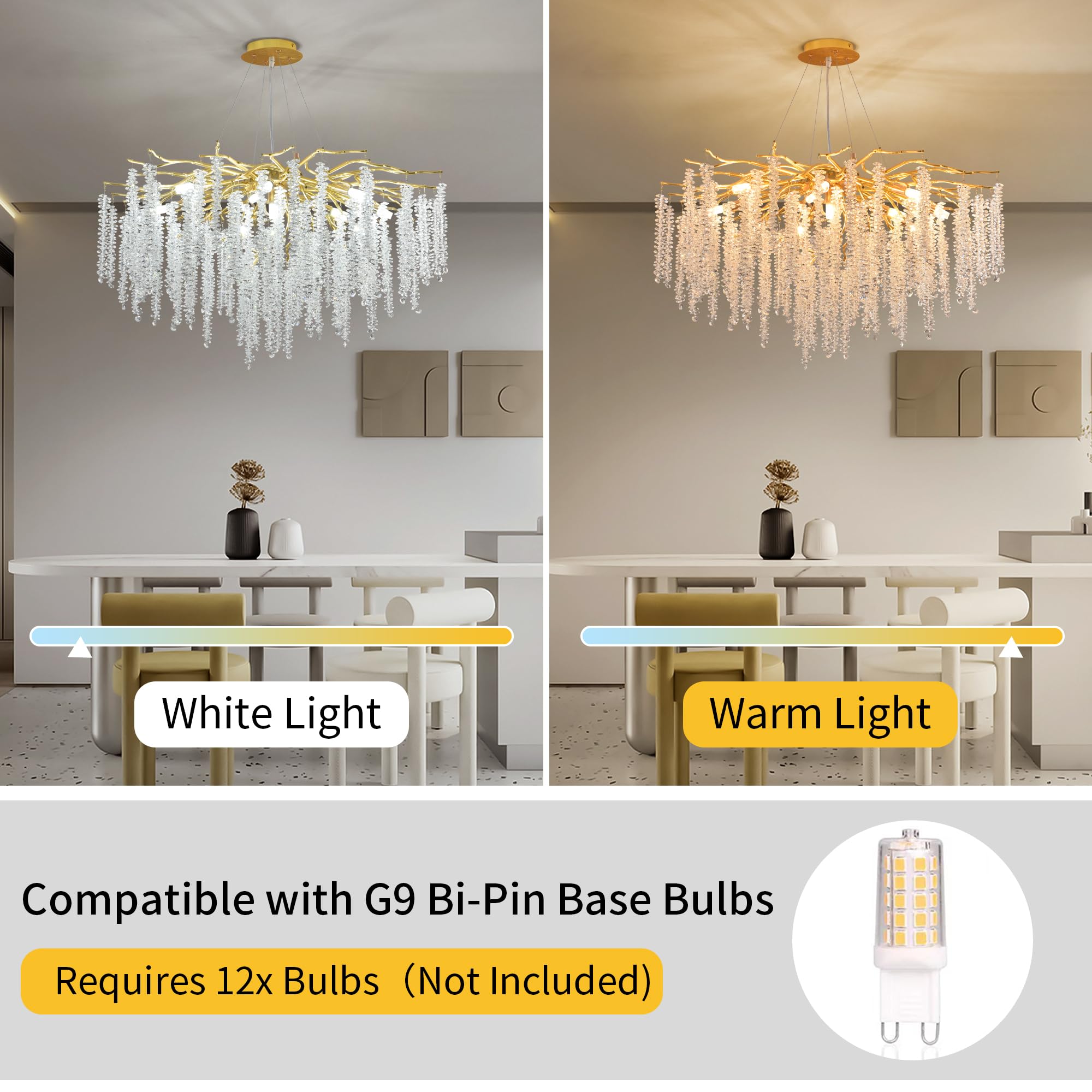Upfelw Gold Crystal Tree Branch Chandelier, 31.5'' Modern Raindrop Design, 12 Lights for Dining Room, Living Room, Bedroom - Model UBC-G12-0426