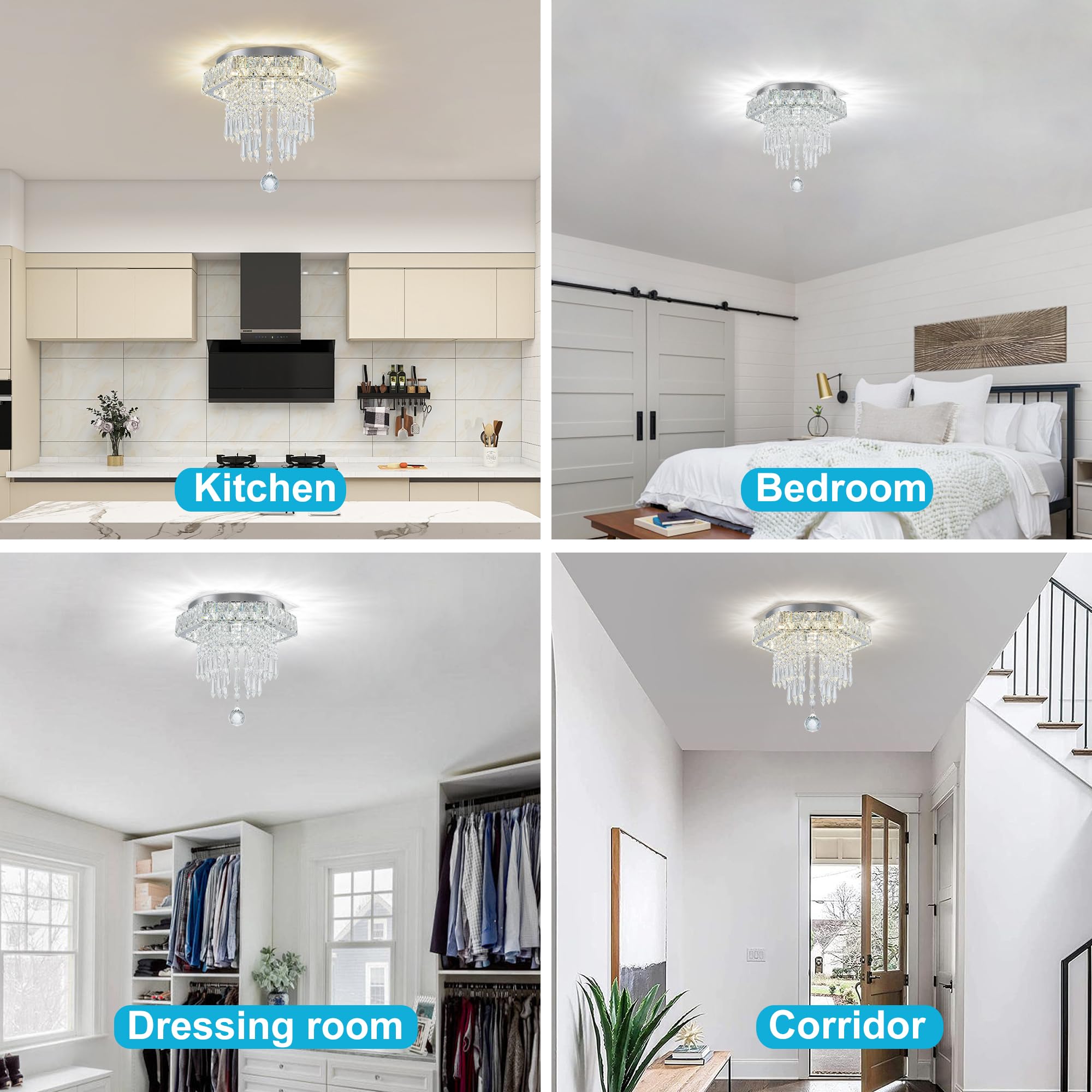 11.8'' Hexagon Led Flush Mount Ceiling Light - Modern Crystal Chandelier For Bedrooms, Dining Room, Hallway With Remote Control