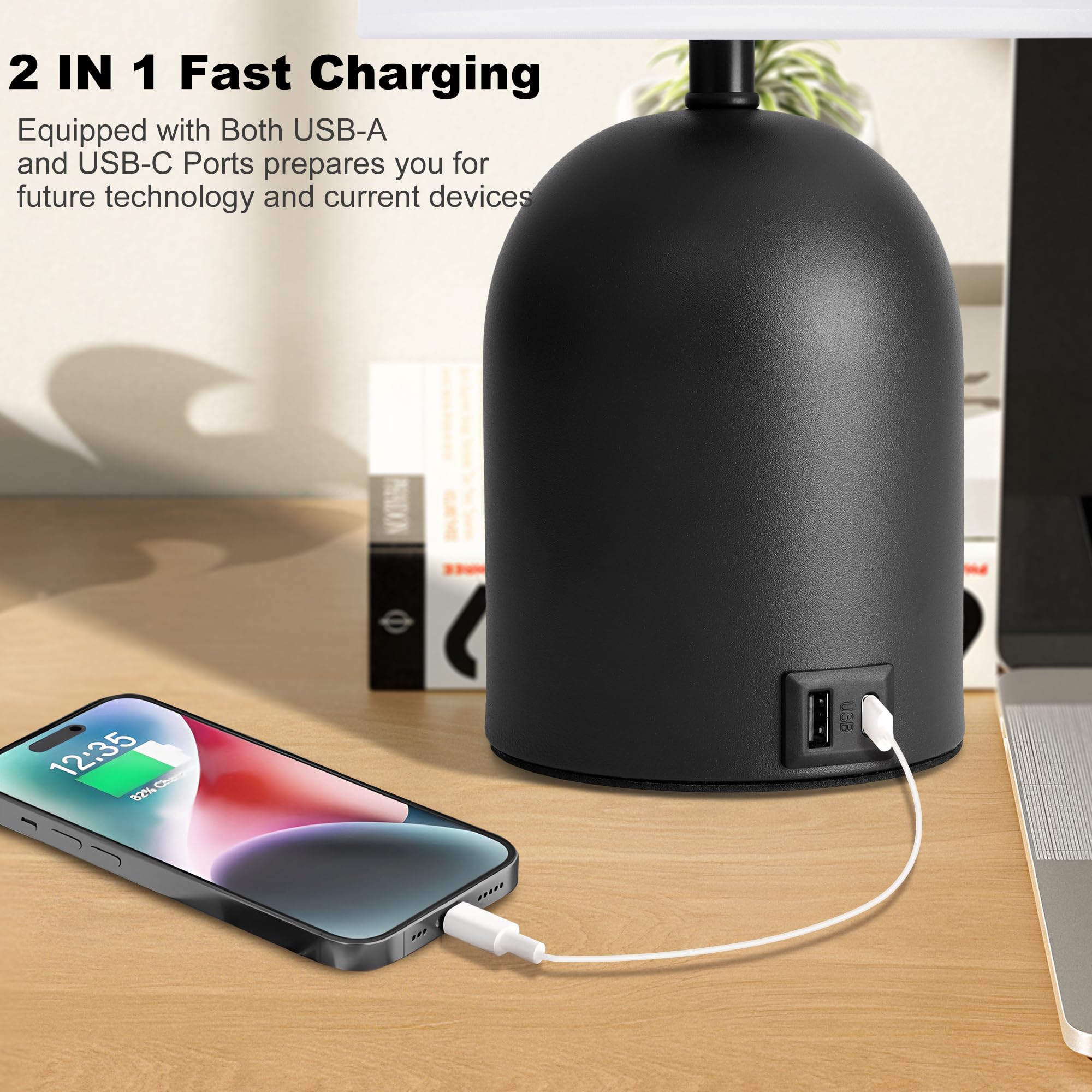 Fttoyoly Bedside Black Table Lamps Set Of 2 For Bedroom, 3 Way Dimmable Touch Nightstand Lamp With Usb C And A Ports Small Table