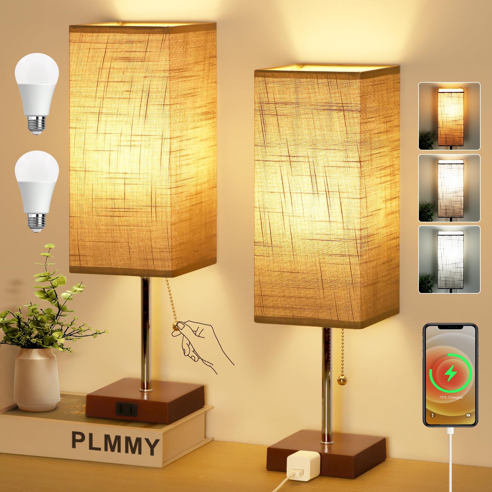 PLMMY Table Lamp Set of 2, 18 Inch Gray Shade-Brown Base, 3 Color Temperatures, AC Outlet, Model RD-PTL6W-022