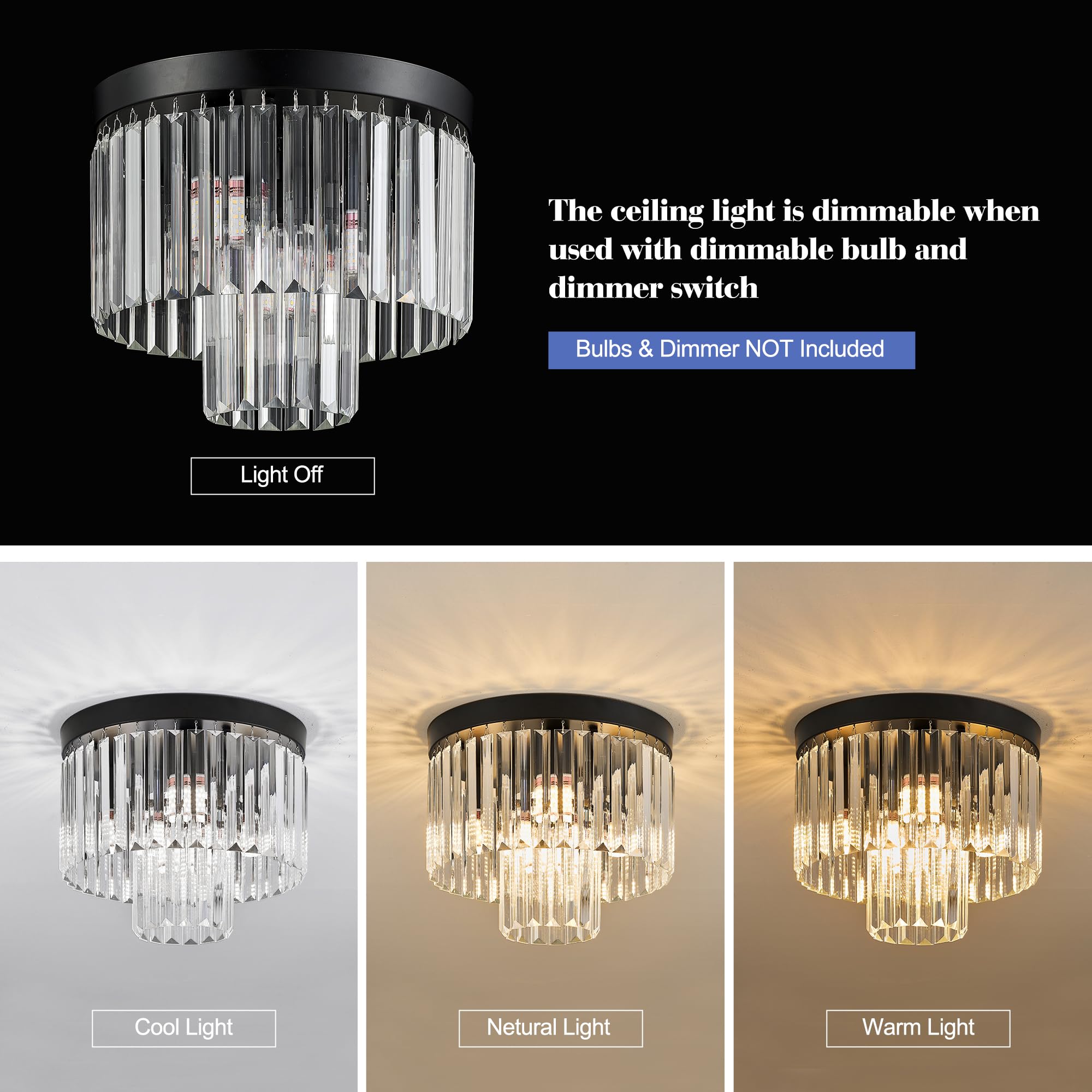 Faibra 12.6'' Black Crystal Ceiling Light 4-Light Modern Fixture 2-Tier Luxury K9 Crystal, For Dining Room Kitchen Island Living