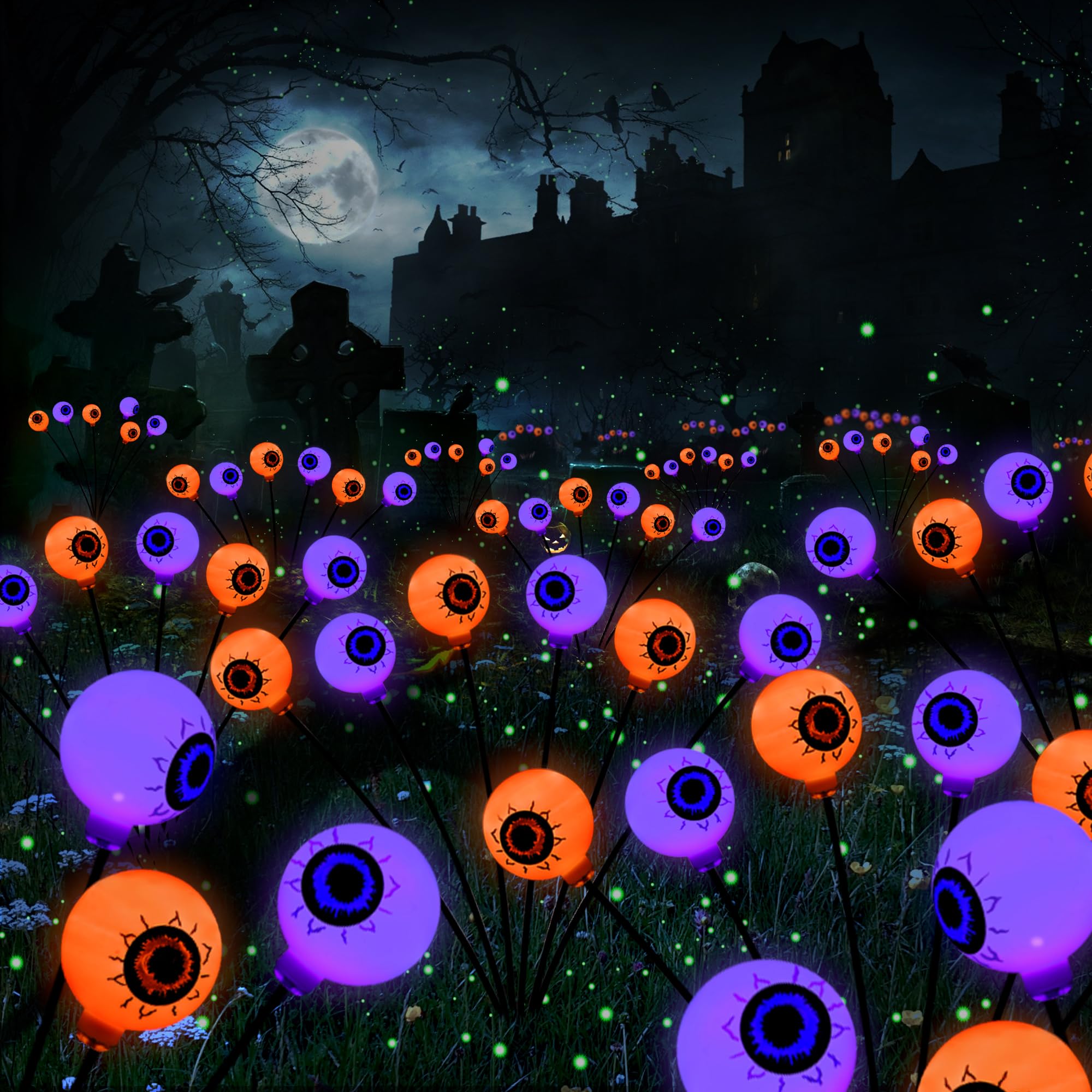 BrizLabs 6 Pack Solar Halloween Eyeball Lights, Waterproof Outdoor Pathway Lights, Orange & Purple