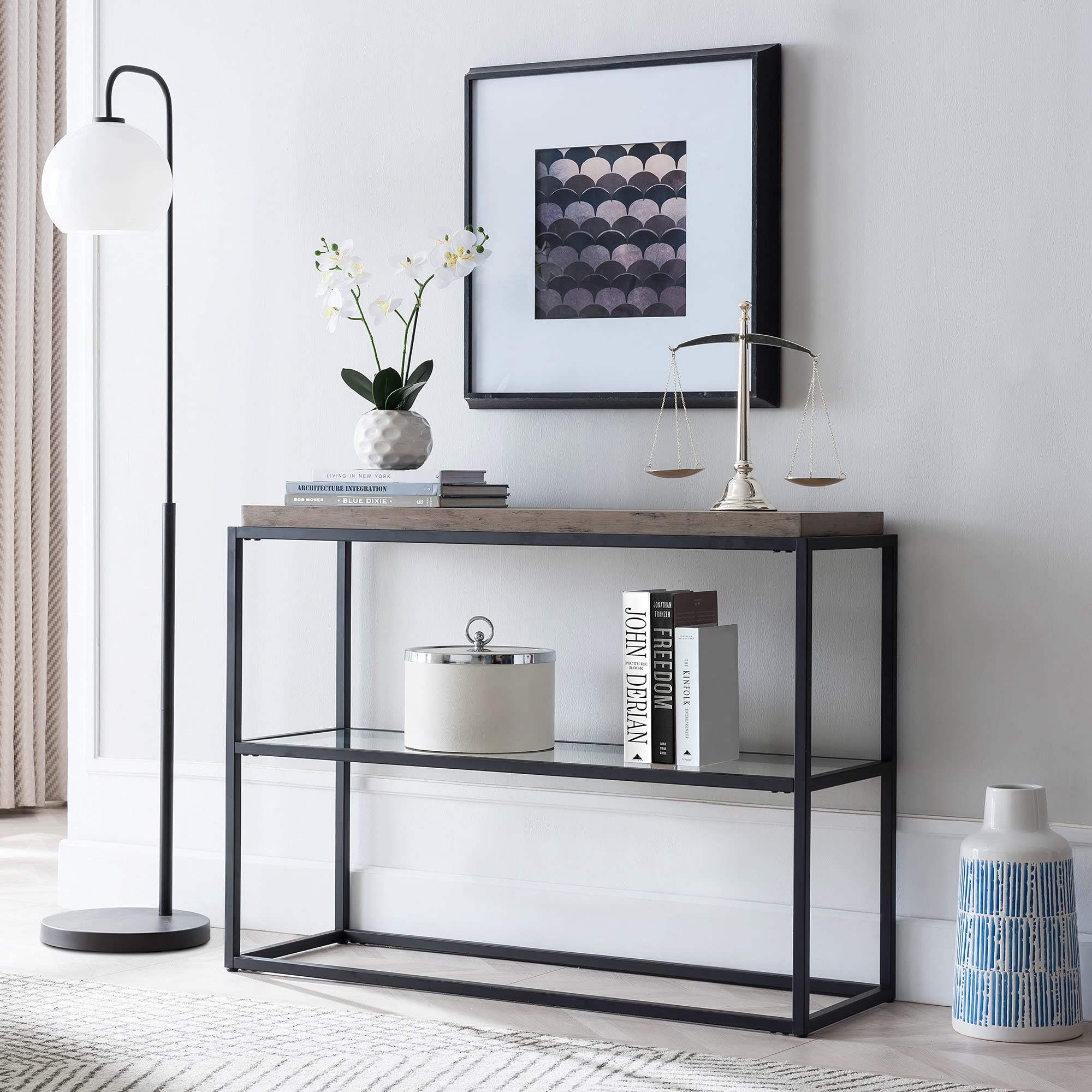 Harrison Arc Floor Lamp With Glass Shade In Blackened Bronze/White Milk