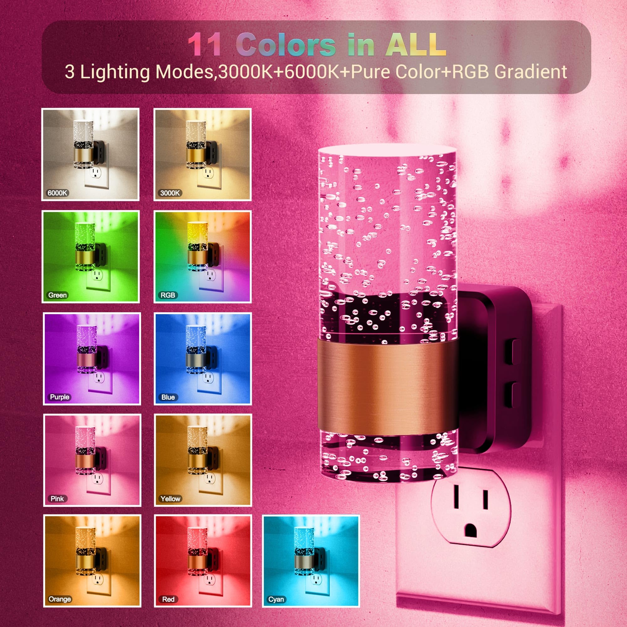 Jandcase Night Lights Plug Into Wall,2 Pack Color Changing Night Light For Kids With 1 Remote Control, 3000K+Rgb Led Nightlight