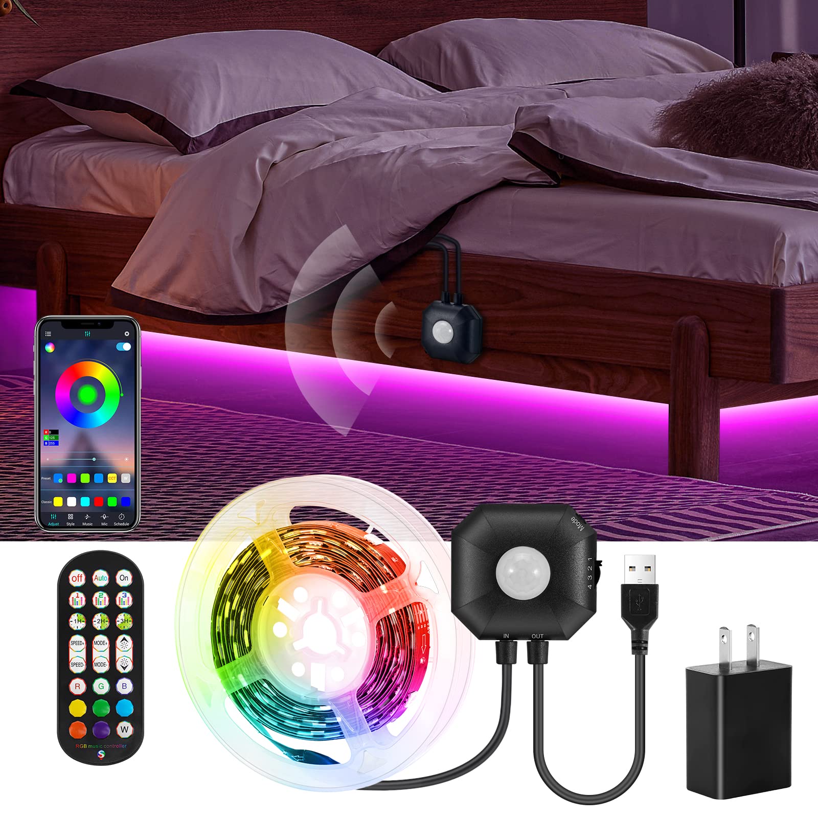 Motion Activated Under Bed Lights,9.8Ft Motion Sensor Led Light Strip With Remote Control,5050 Rgb Led Night Lights With Automatic Shut Off Timer For Indoor,Bed,Wardrobe, Cabinet,Corridor,Stair Decor