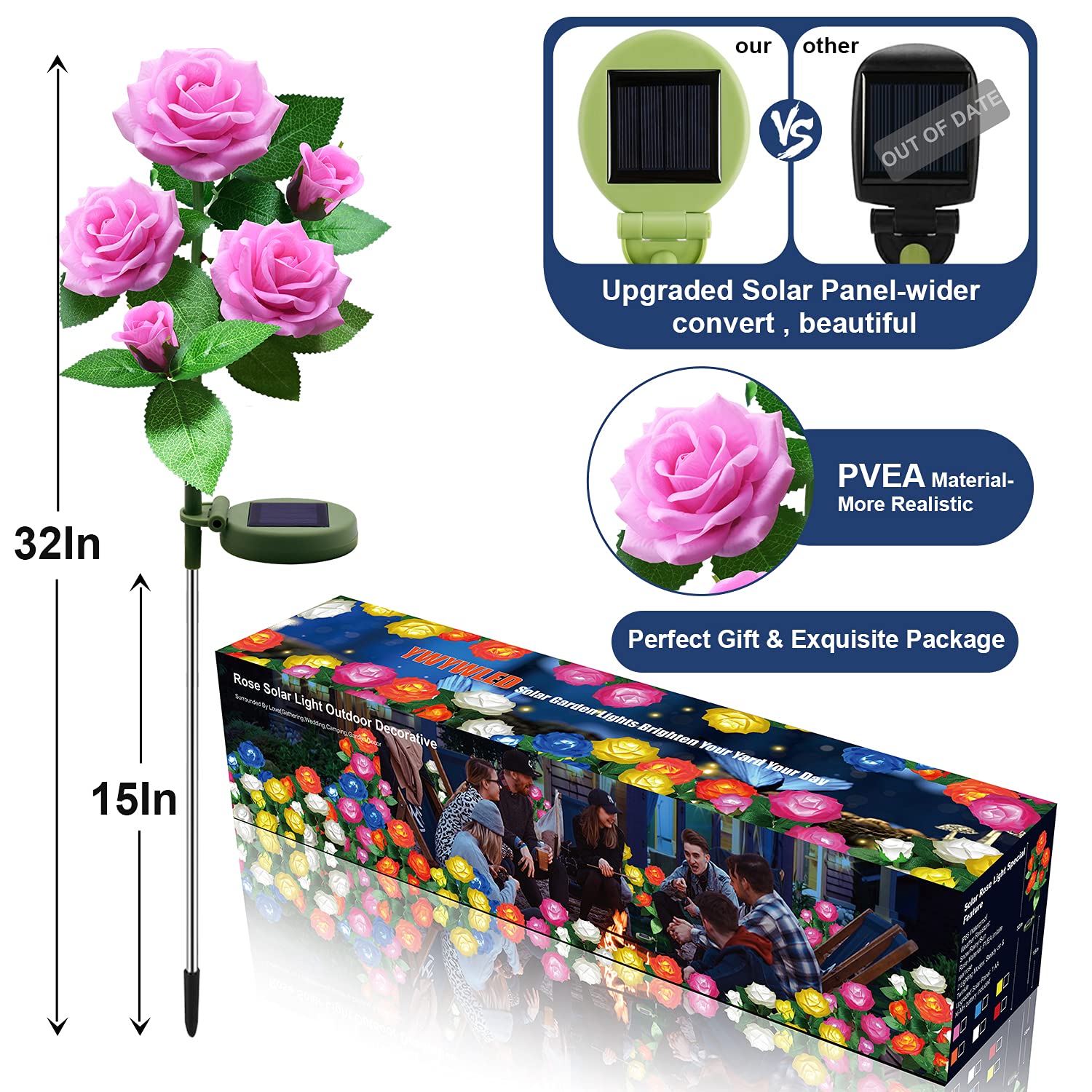 YWYWLED Solar Flower Lights - LED Waterproof Stake Lights with 5 Roses, Pink, 1 Pack, Model 2023-5-12