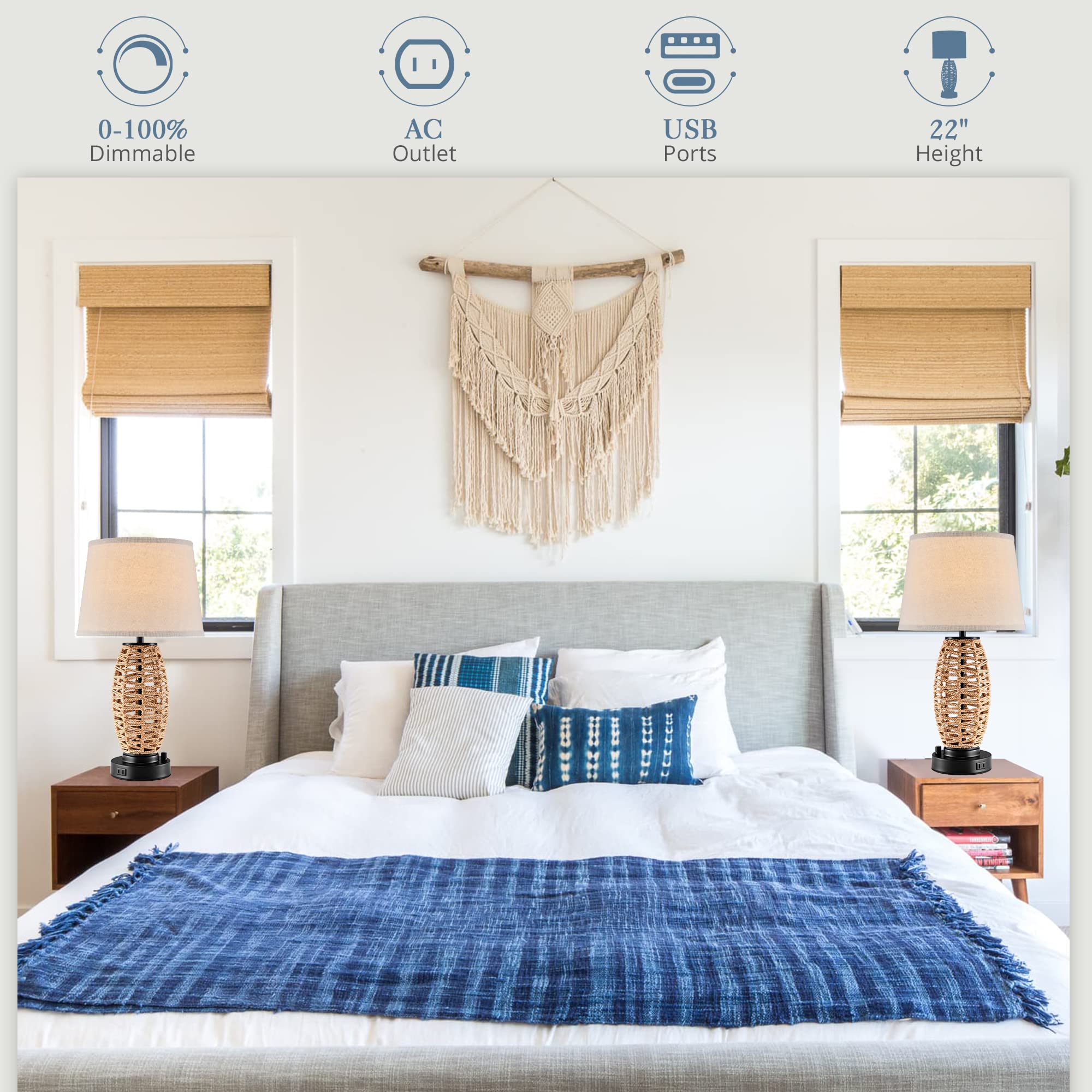 LEDIARY Coastal Rattan Table Lamp with AC Outlet and 2 USB Ports, 0-100% Dimmable Wicker Lamps for Bedrooms Set of 2, Farmhouse