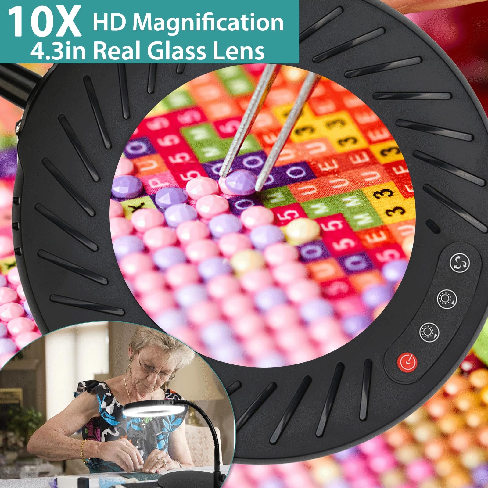 Coteck 10X Magnifying Glass With Light And Stand, Flexible Gooseneck Magnifying Desk Lamp, 5 Color Modes Stepless Dimmable, Hand