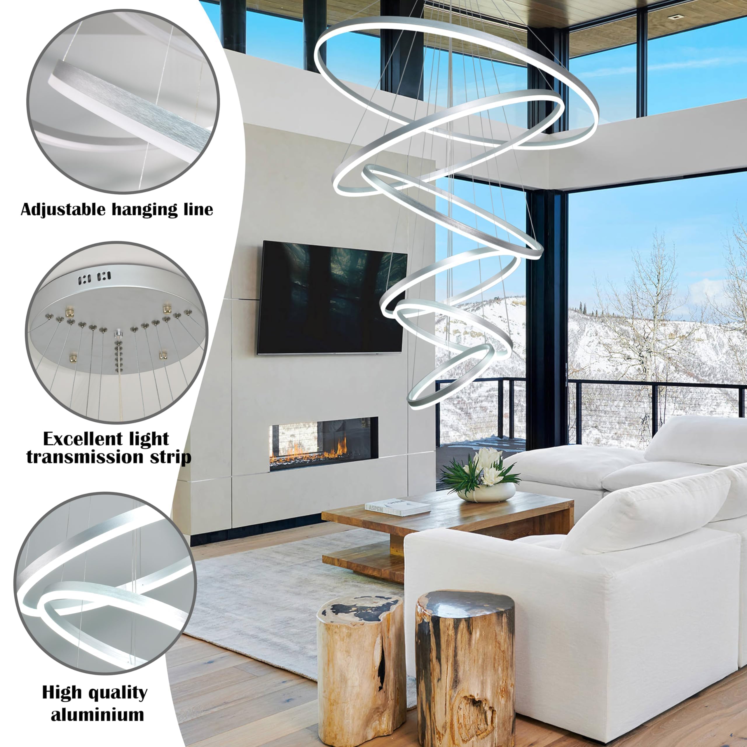 Mccokaige 6 Rings Pendant Lights 47.2'' Modern Height Adjustable Chandeliers Sliver Led Chandelier Dimmable Sliver Chandelier Le