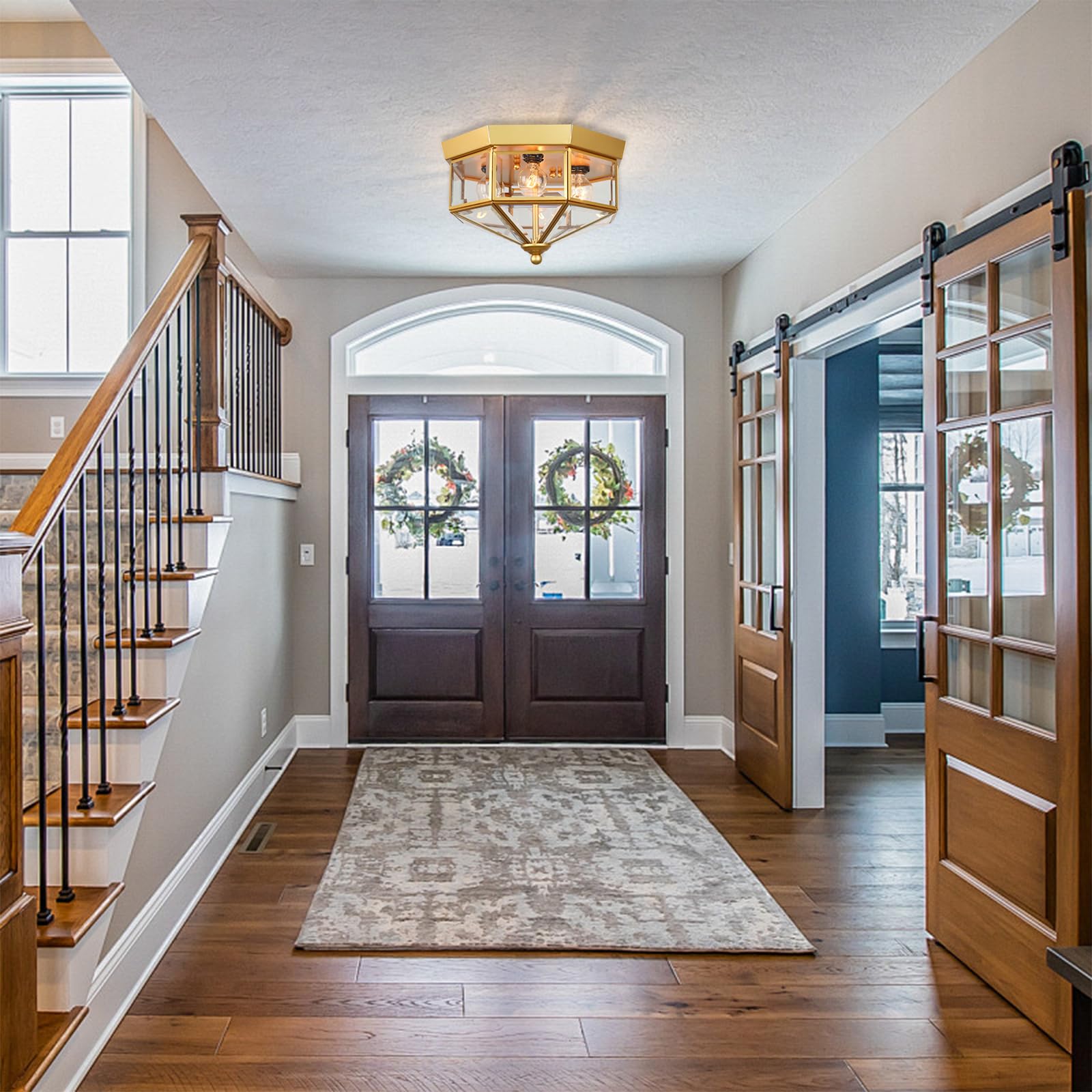 Flush Mount Outdoor Ceiling Light Fixture, 4 Light Exterior Porch Ceiling Lights With Clear Glass, Gold Farmhouse Lighting For I