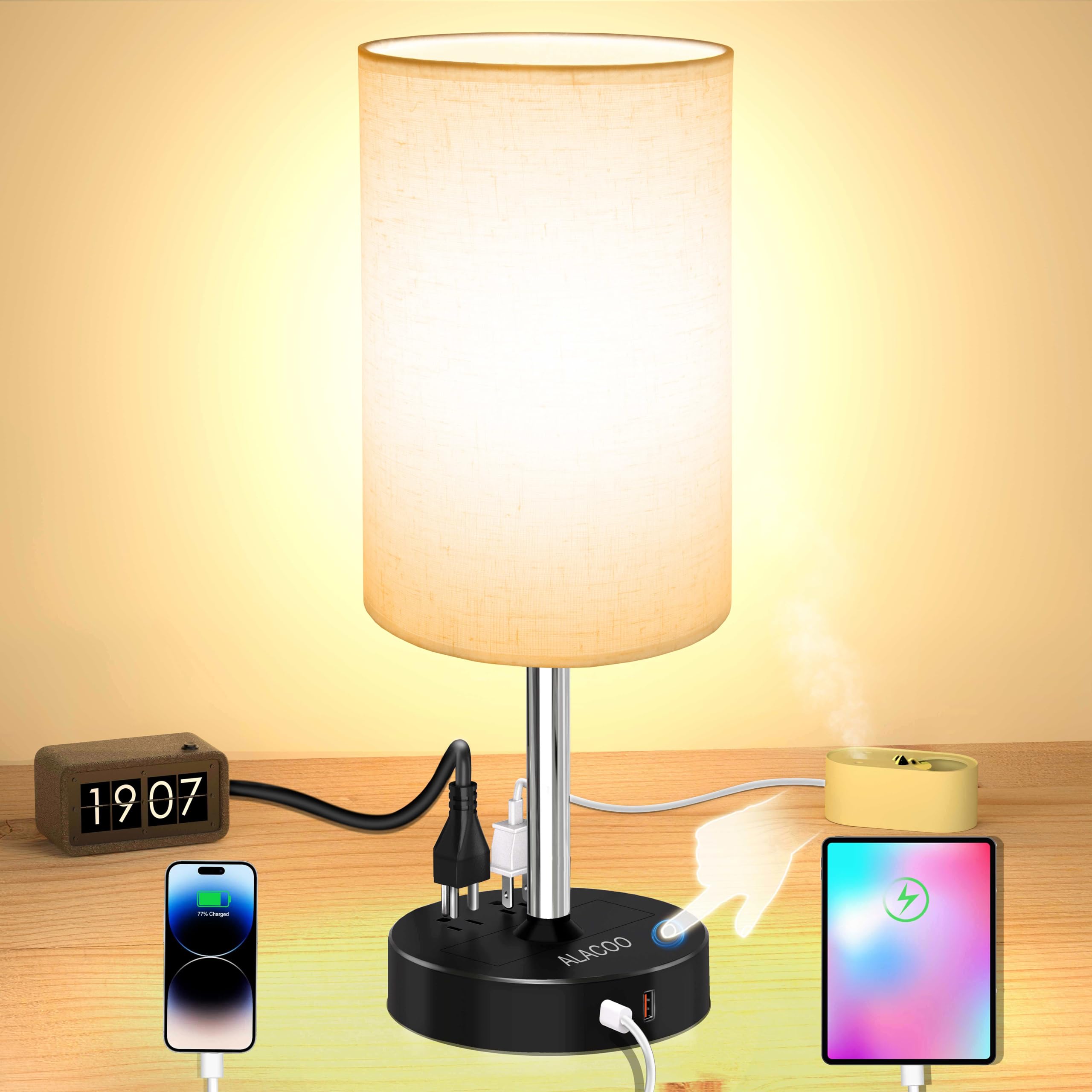 Bedside Lamp Touch Control Table Lamp with USB C + A Charging Port & 2AC Outlet 3-Way Dimmable Bedside Nightstand Lamps with Rou