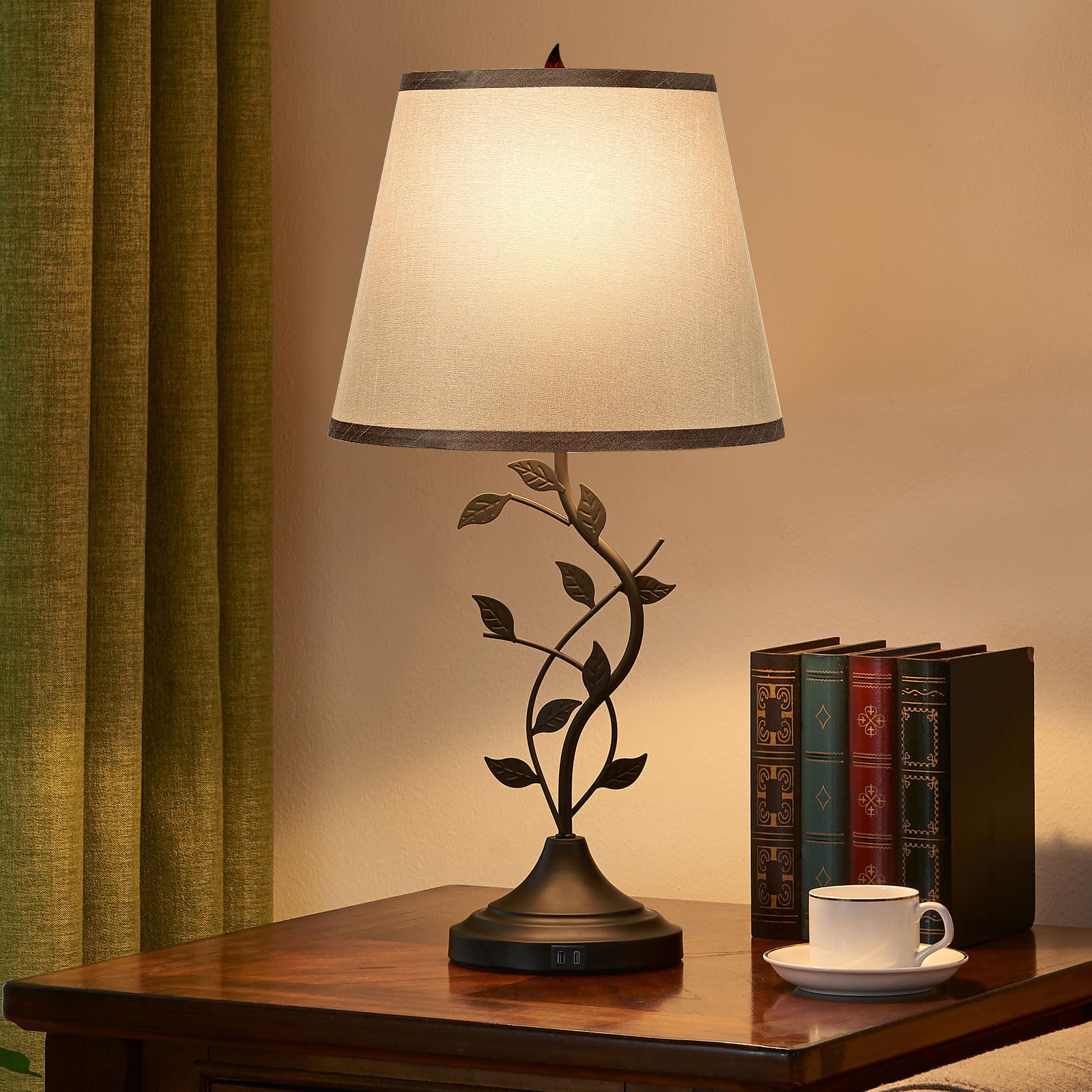 Kakanuo Table Lamp - Grey Linen Bedside Lamp with USB C Ports, Retro Design for Bedroom and Living Room