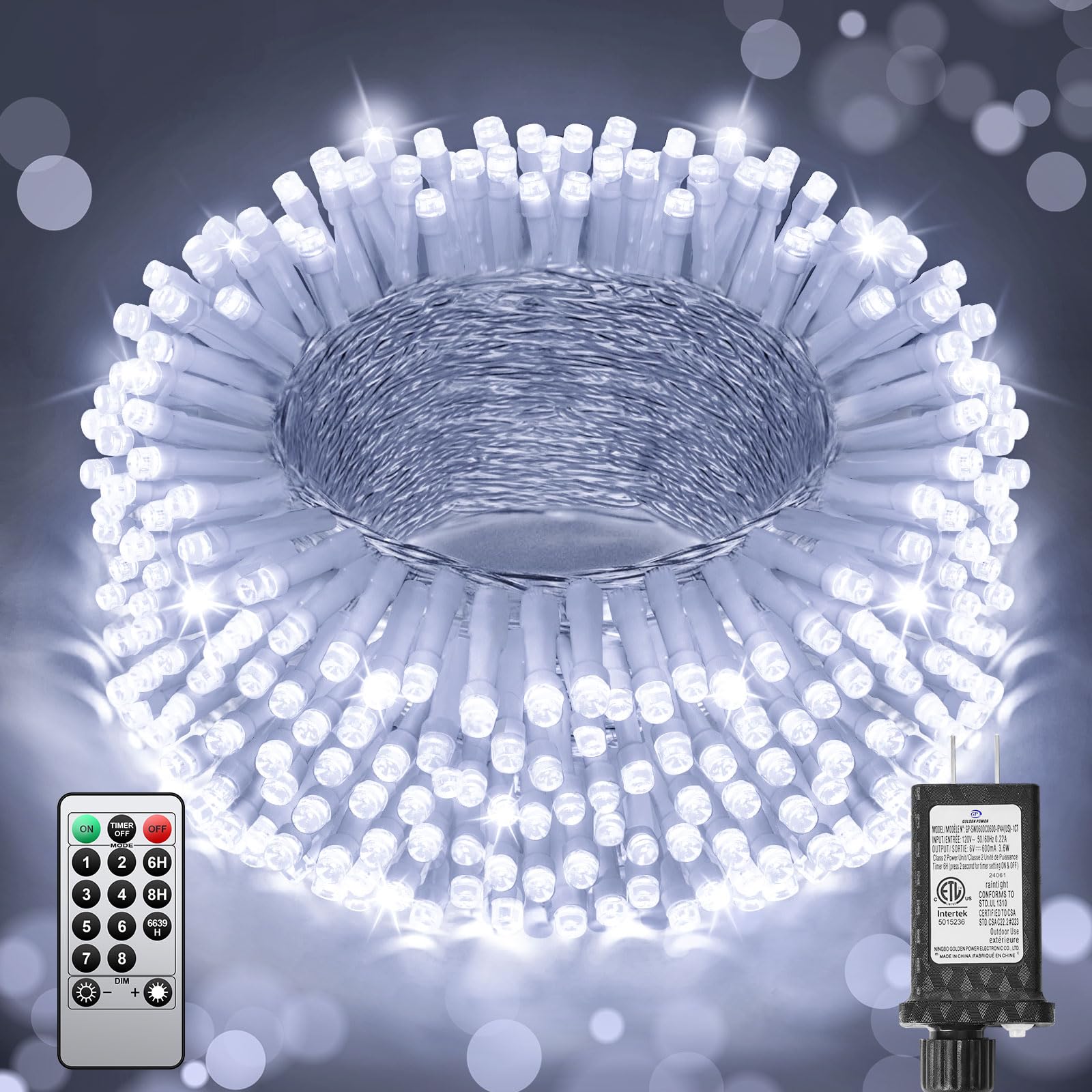 JIXXULVU LED Christmas Lights, 552FT 1400 Lights, Waterproof, Timer, 8 Modes, Cool White, Model 300L