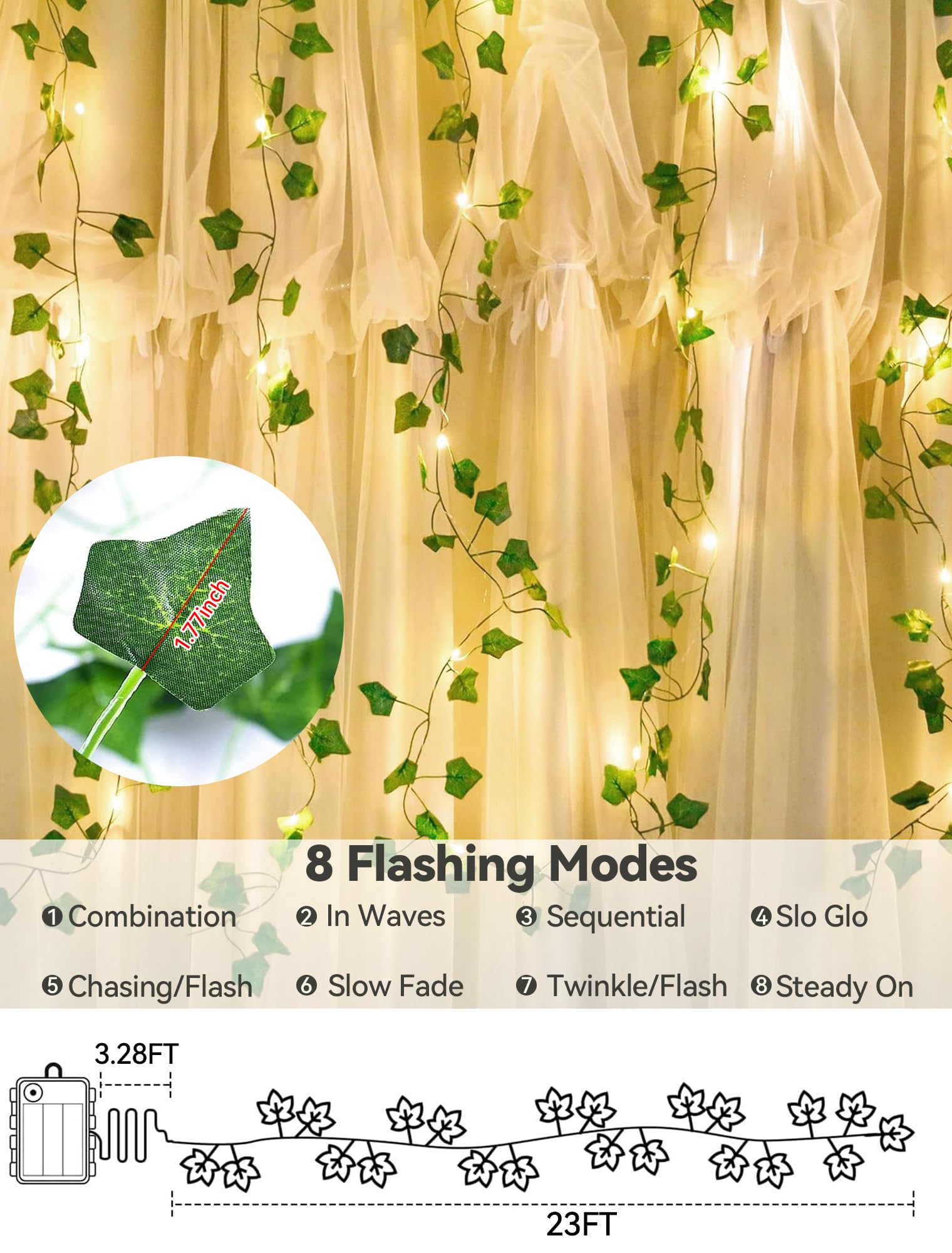 Qunlight Ivy String Lights with 73 LED, 23ft Battery Operated Fairy Lights, Warm White for Home Decor, Parties, Weddings