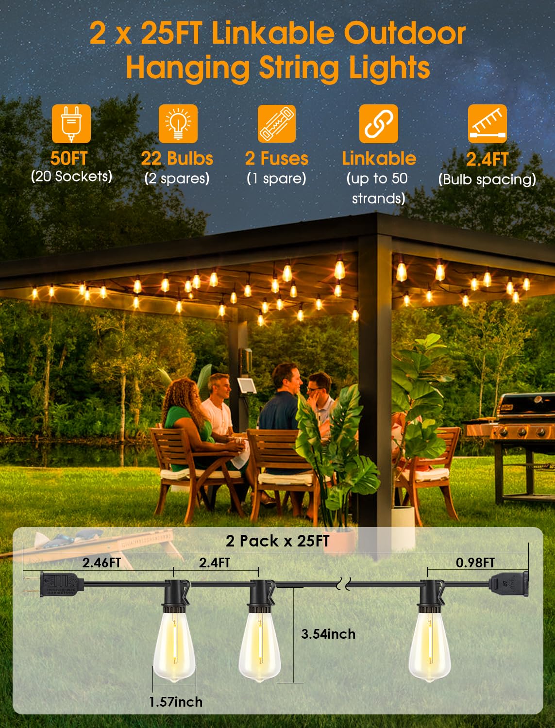 Larkvue Outdoor String Lights, 50FT with 20+2 Dimmable LED ST38 Vintage Bulbs, Waterproof, Black, Model GLS-20J2P-E17-ST38-