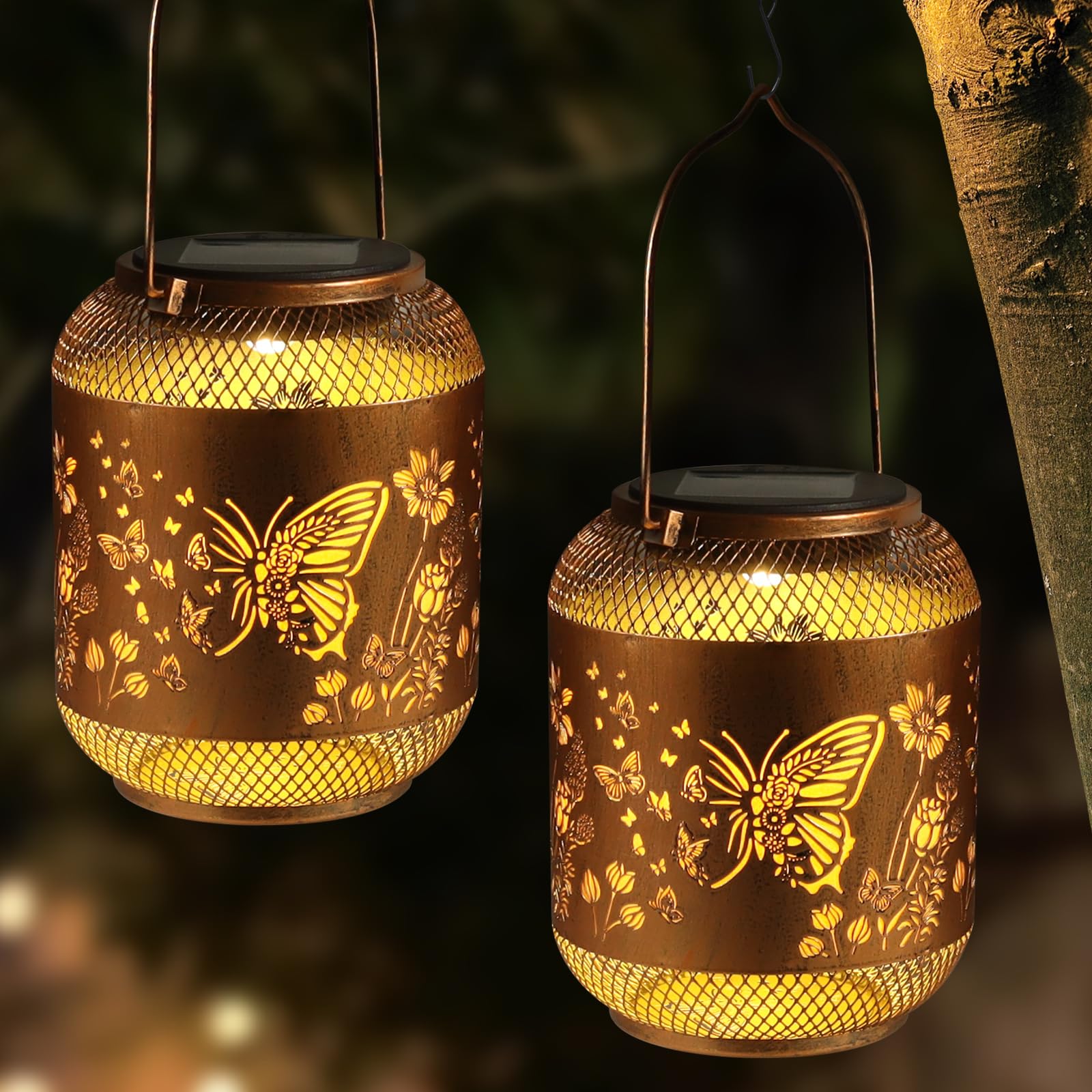2 Pack Solar Lanterns Outdoor Waterproof Birthdays Gifts for Women Mom Grandma Metal Hanging Hollow Out Garden Decorative Solar 