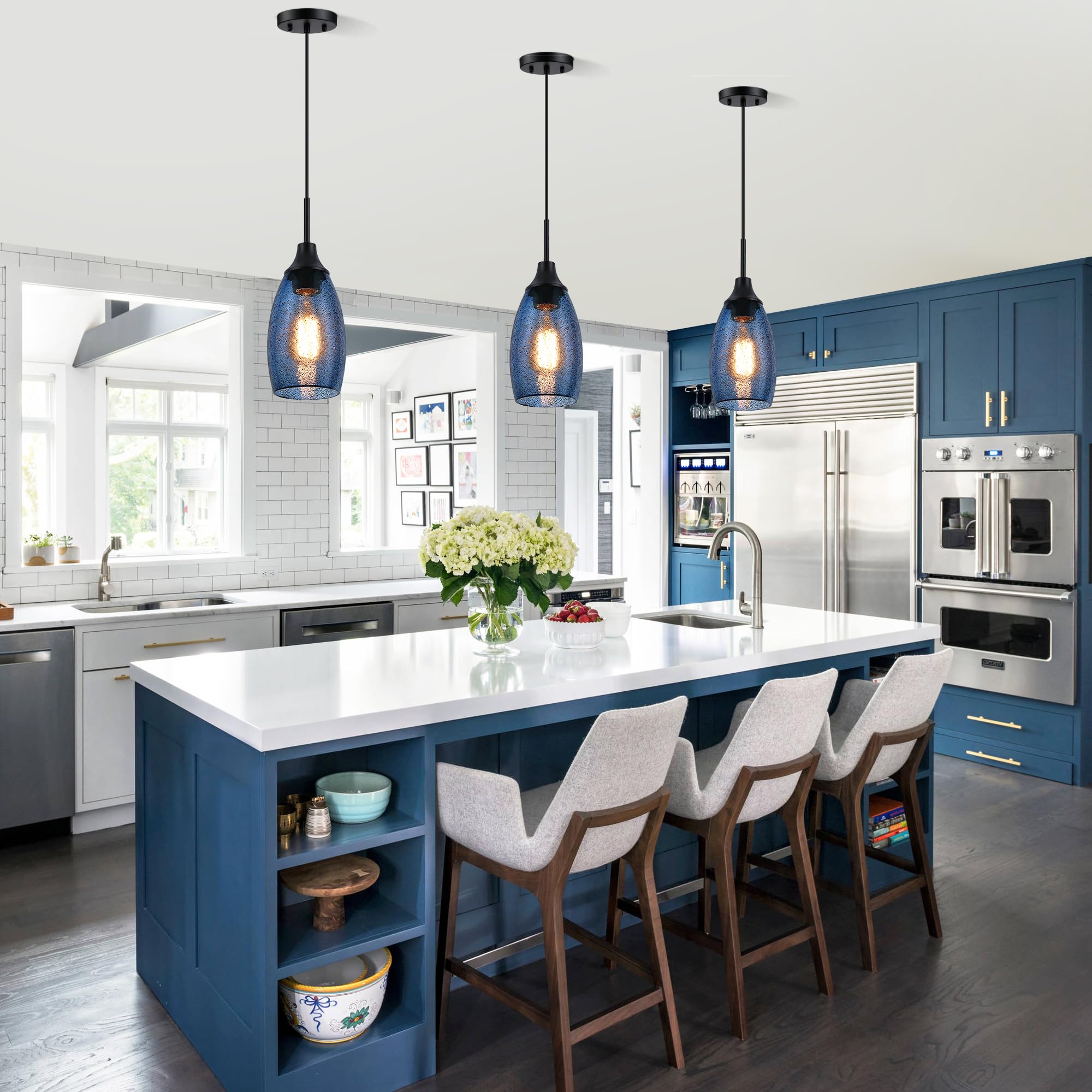 Viinew Mini Glass Pendant Light,4.72'' Dark Blue Glass Hanging Light 3-Pack Handblown Clear Blue Seeded Shade Adjustable Cord Ce