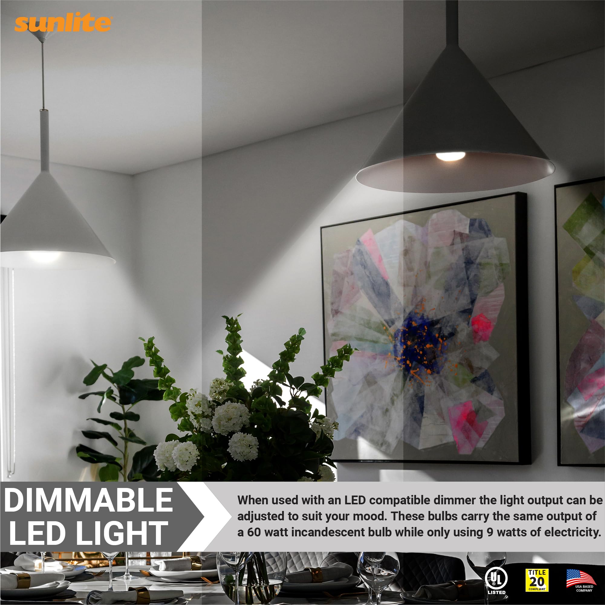 Sunlite LED A19 Light Bulb, 9W (60W Equivalent), Dimmable, 800 Lumens, 4000K Cool White, Medium E26 Base, 6 Pack