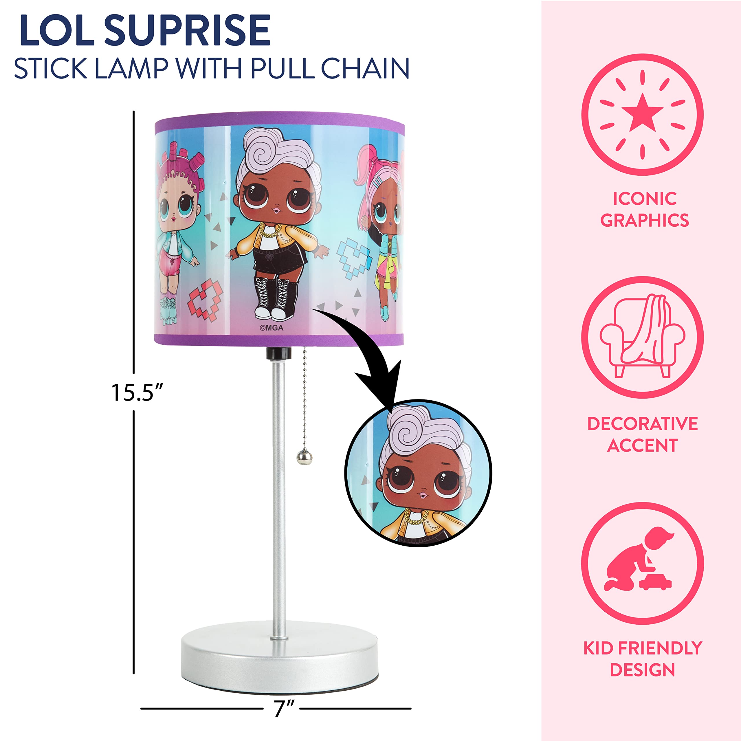 Idea Nuova LOL Surprise Kids Lamp, Decorative Pull Chain Table Light, Plastic Shade, Themed Design, Model B07R6V22DB