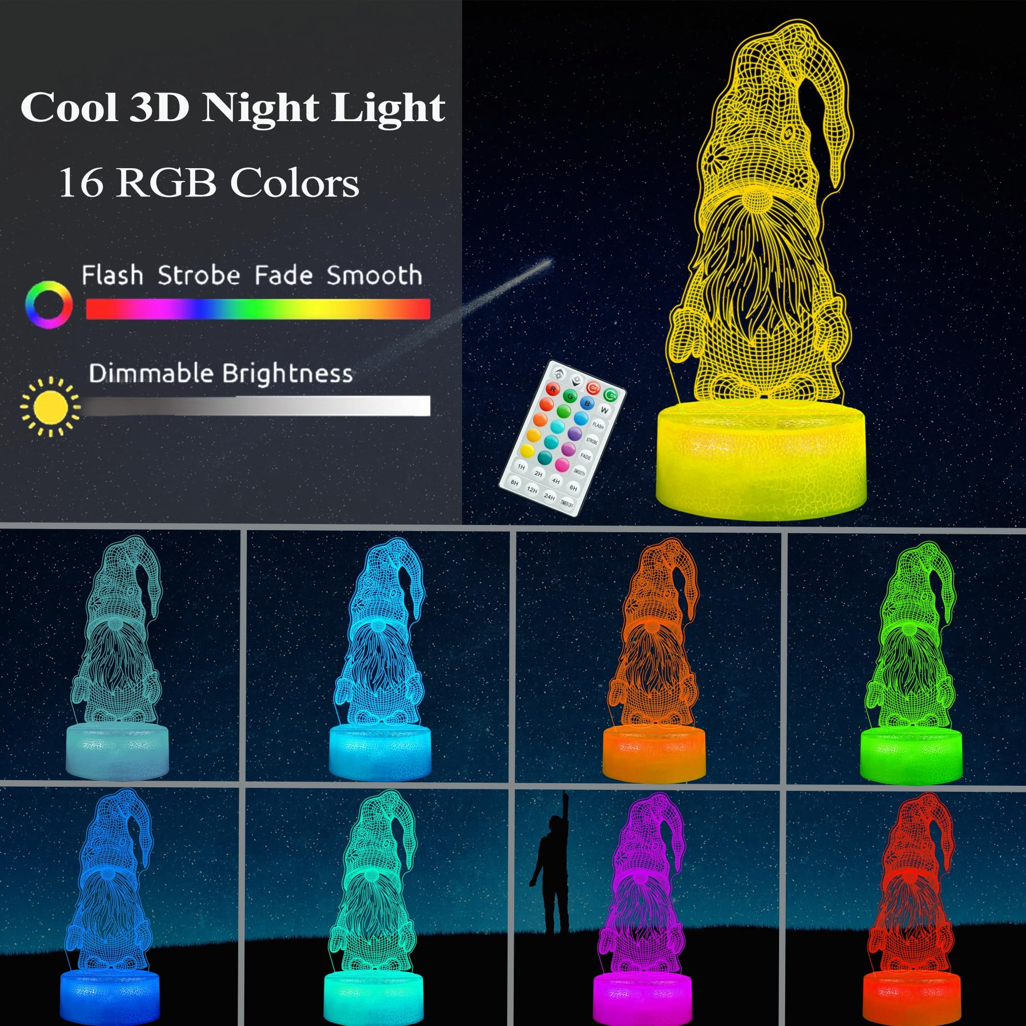 POSSHE Gnome Night Light - 3D Illusion Lamp with 16 Colors, Remote Control, Kids Room Decoration, Model MY-3D LAMP-CRACK, Color 15