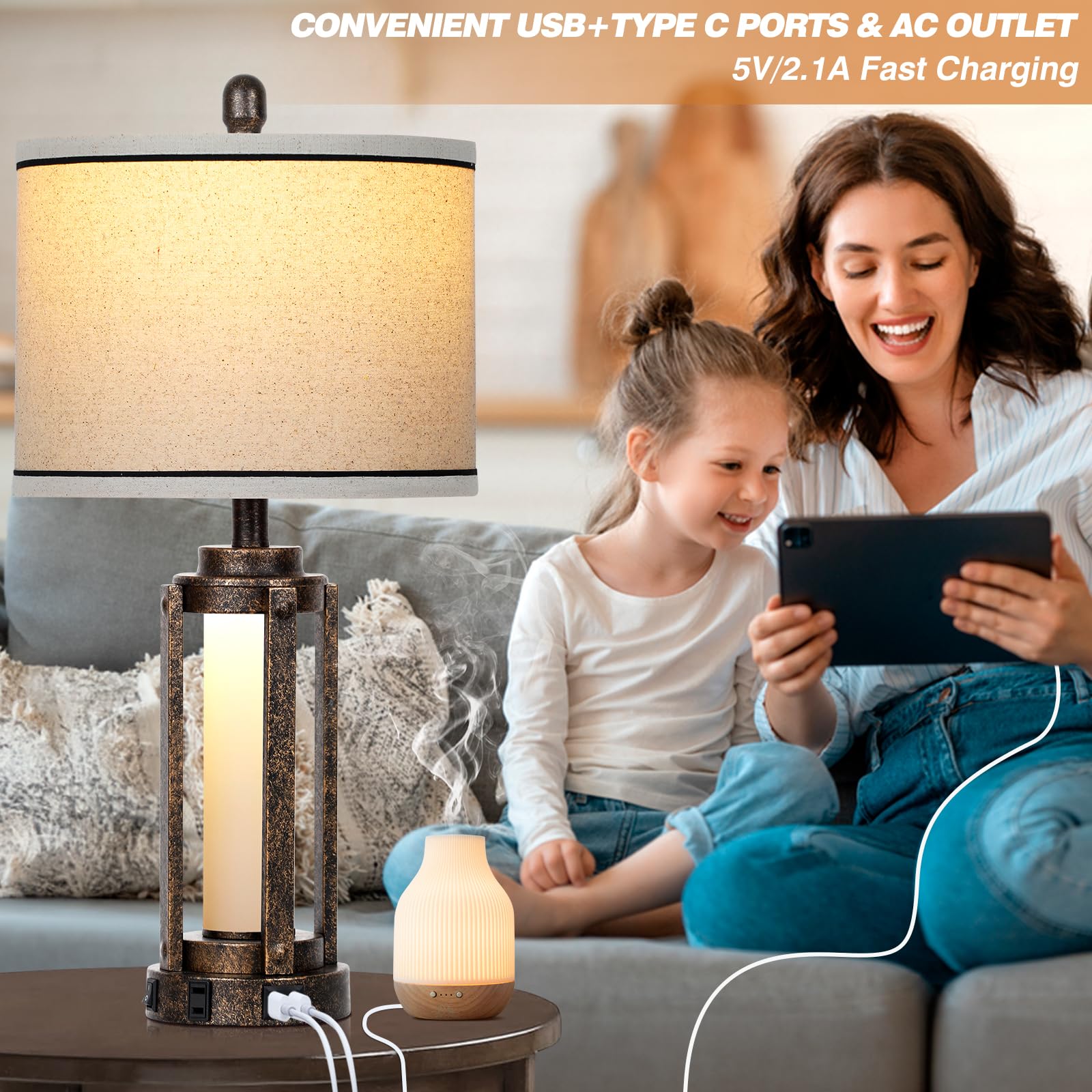 Farmhouse Lamps With Usb A+C Charging Ports & Ac Outlet, Rustic Vintage Industrial Table Lamps Metal Lamp With Glass Led Night Light & Beige Fabric Shade For Living Room Bedrooms Nightstand Bronze