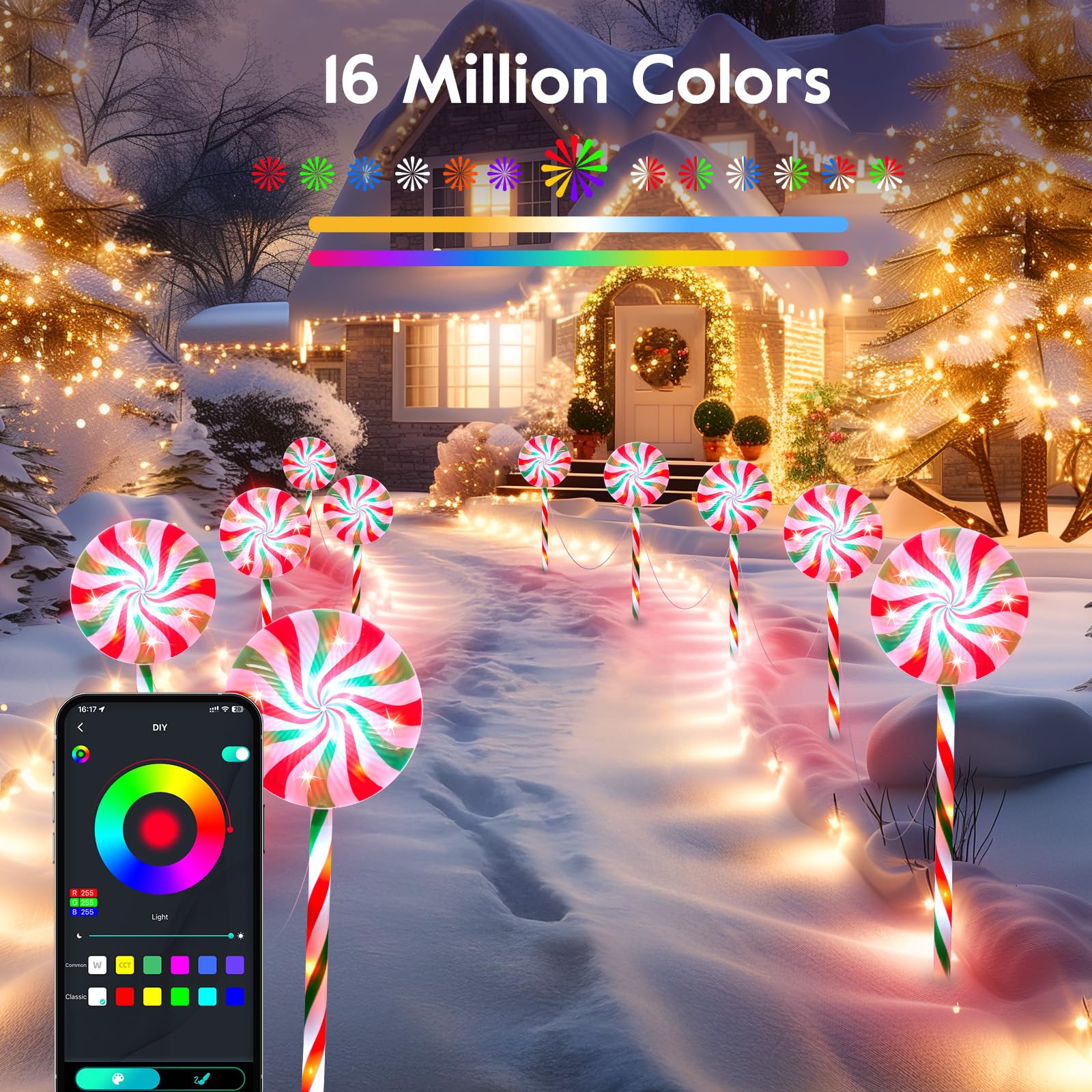 Brightown 6 Pack Smart Lollipop Pathway Lights - 120 LED Candy Cane with APP Control, 16 Million Colors, Waterproof Christmas Decor