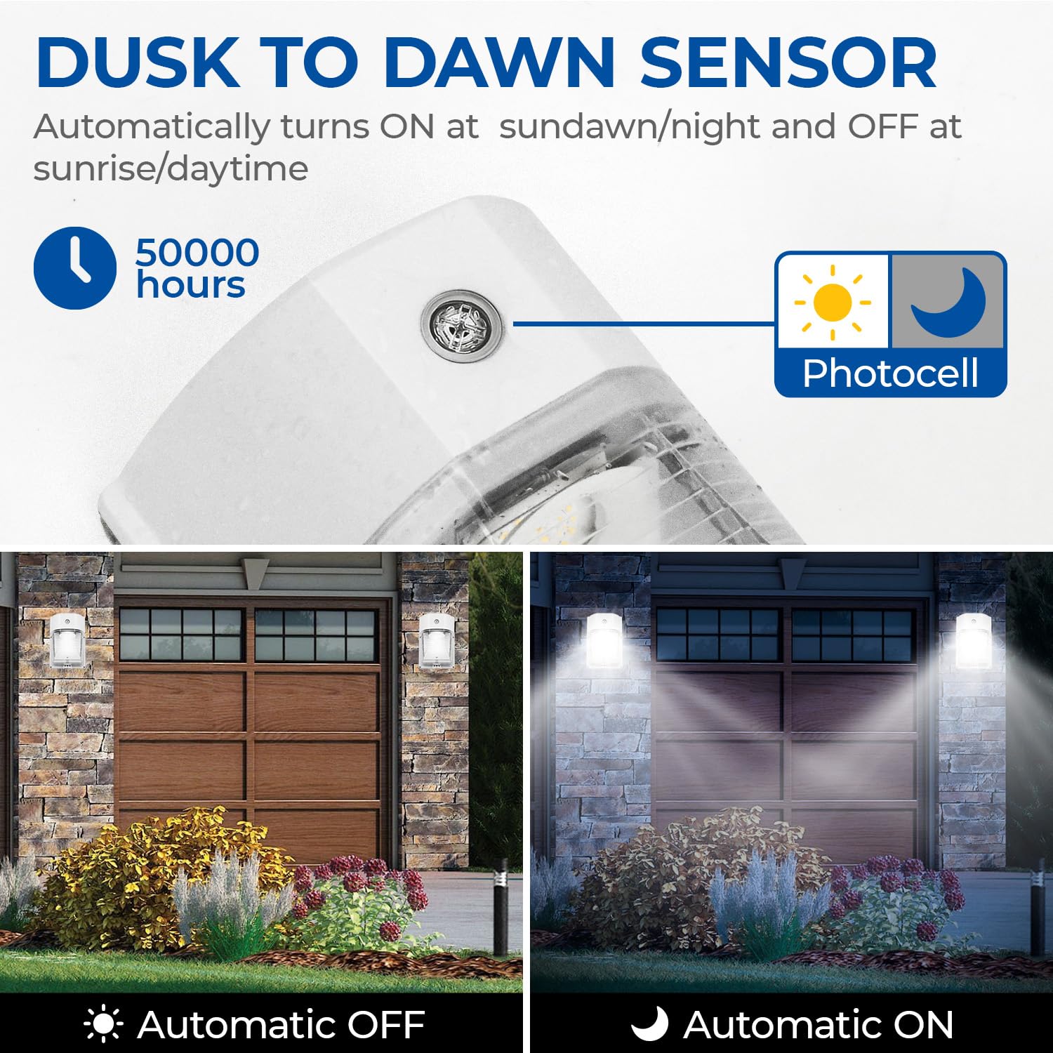 CINOTON 26W LED Wall Pack Light with Dusk to Dawn Sensor, 3000LM, 2 Pack, IP65 Waterproof, 5000K Daylight, Die-casting