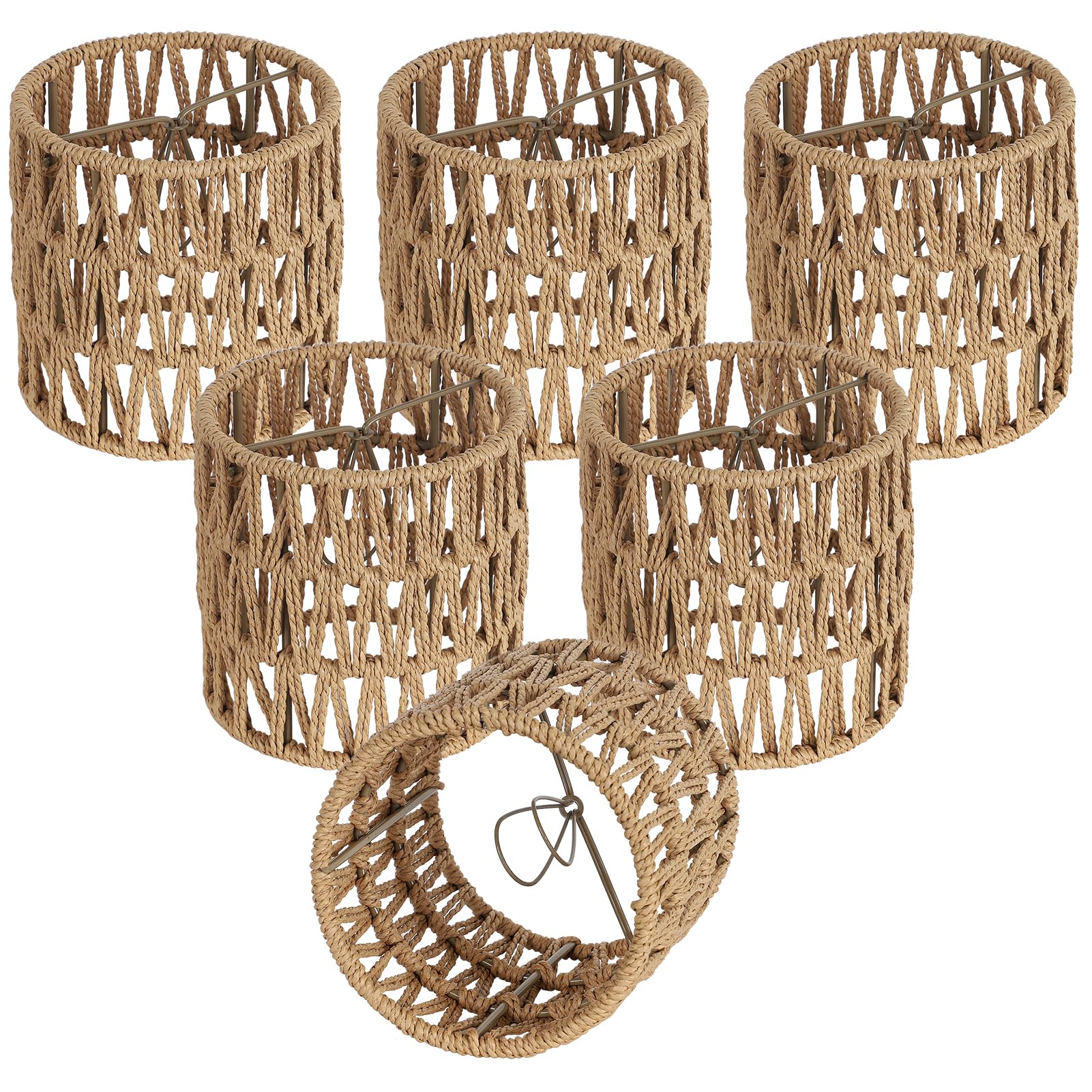 Stepeak Rattan Lamp Shades Set of 6, Small Clip-On Cylinder Shades, 5.1x5.1in, Natural Brown, Woven Design for Floor & Pendant Lights