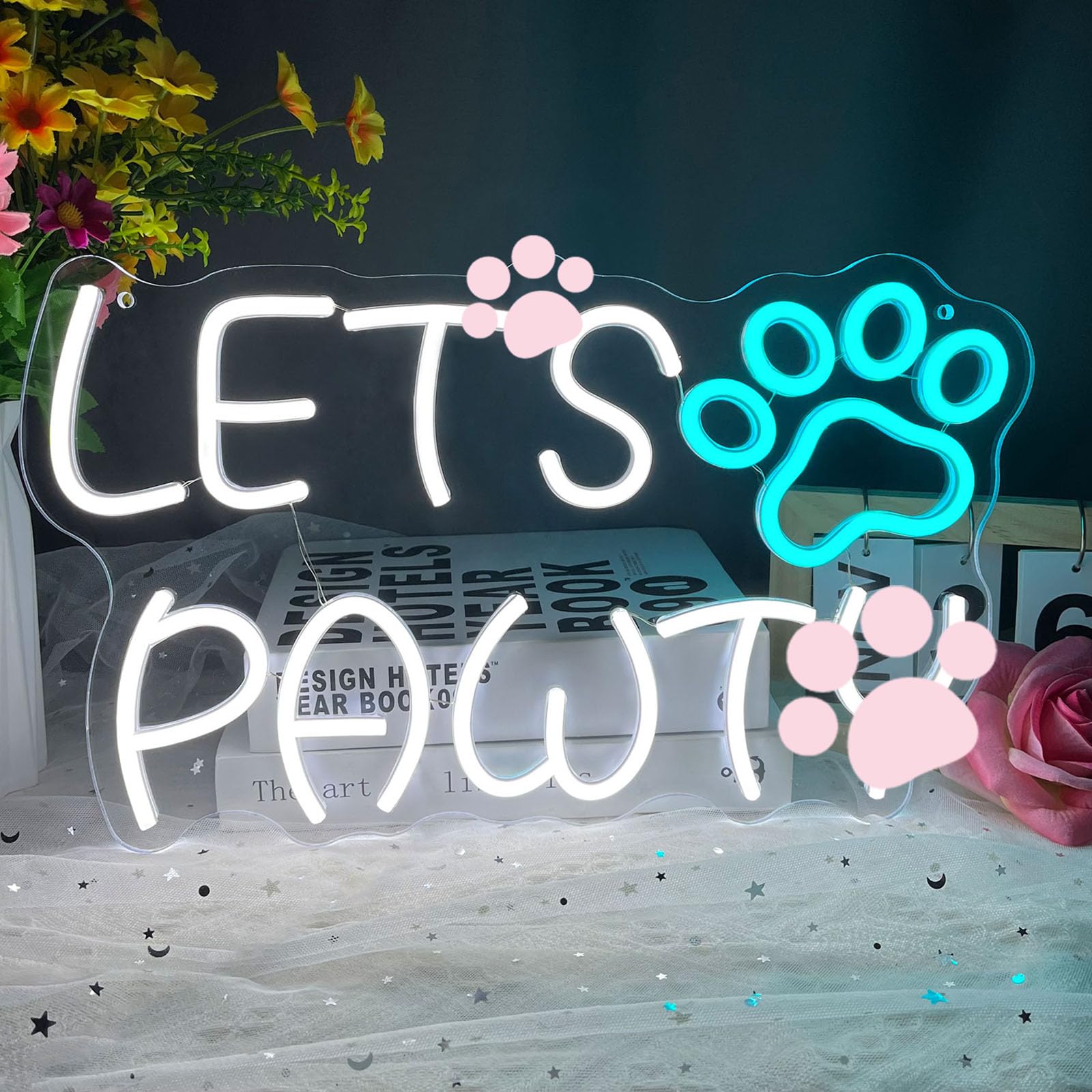 BerniceKelly Neon Sign - Dimmable USB Paw Print Light for Dog Cat Birthday Party - New Warm White - Model SJ-89