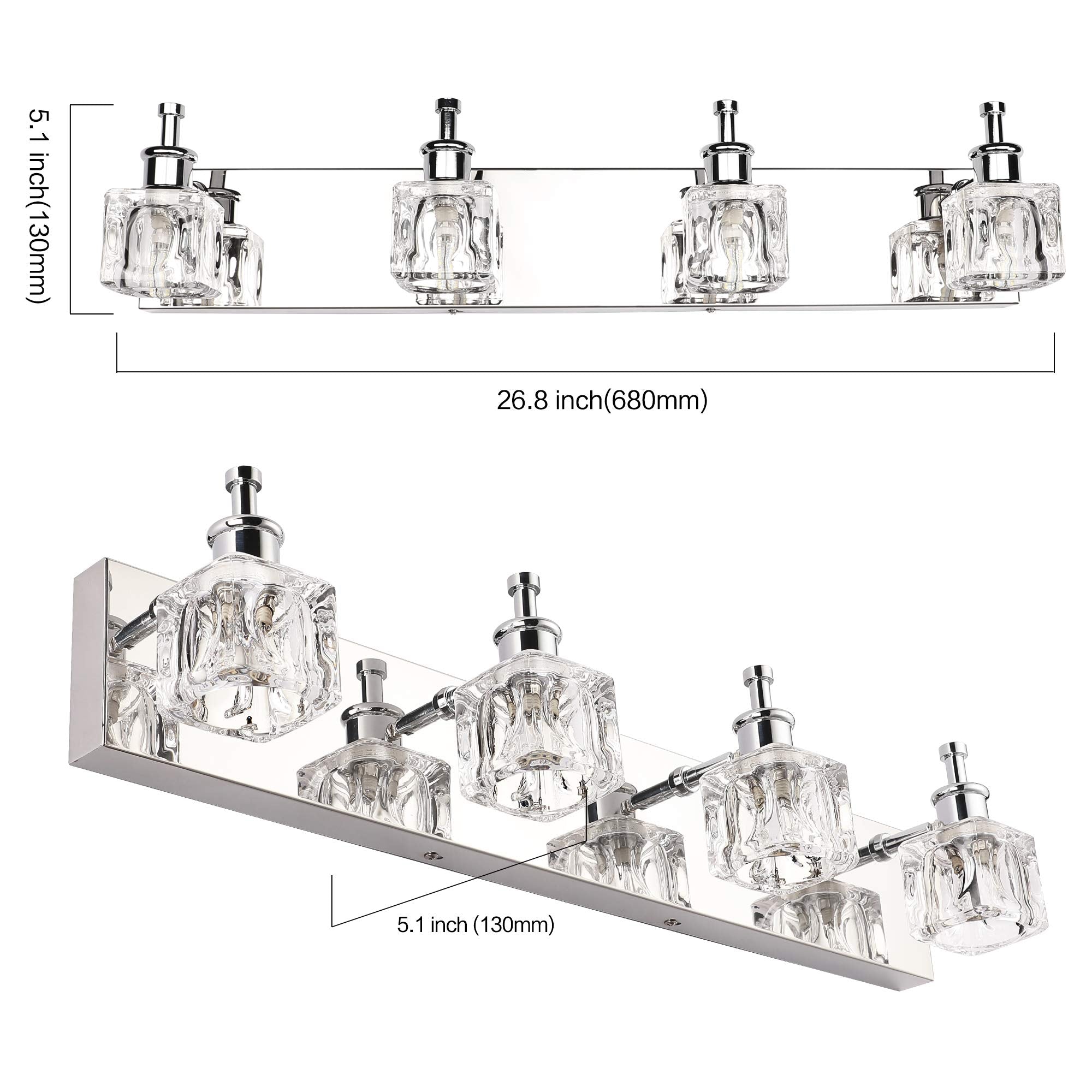 PRESDE Bathroom Vanity Light Fixtures - Modern LED 4 Lights, Chrome, Crystal Finish, Excludes Bulb