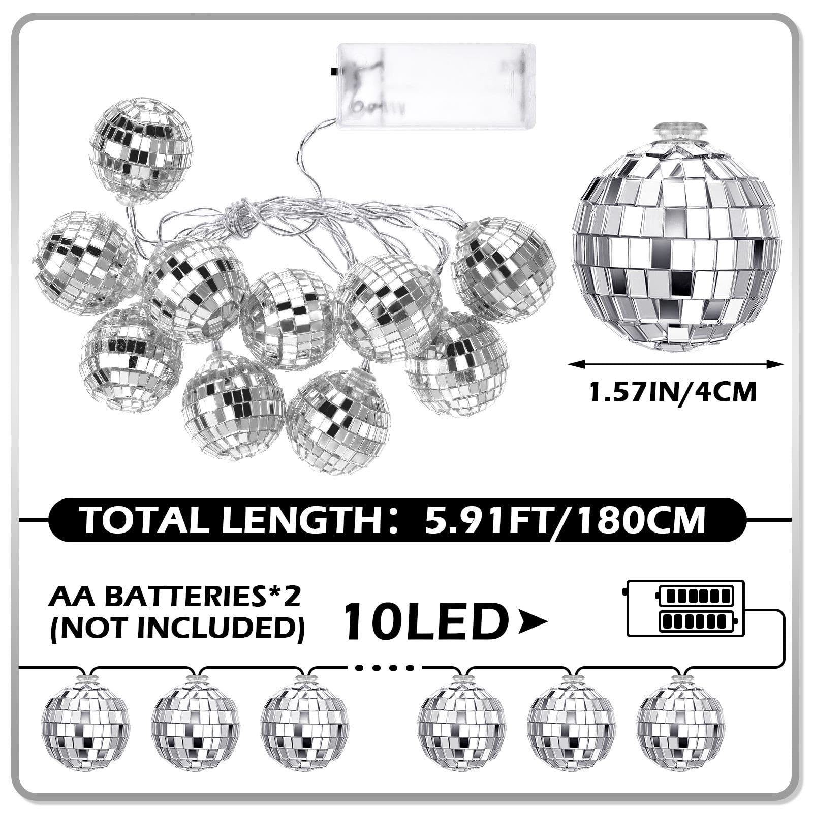 BBTO LED Disco Ball String Light Battery Powered, 9.84 ft Long, Silver White, 70s 80s Disco Party Supplies