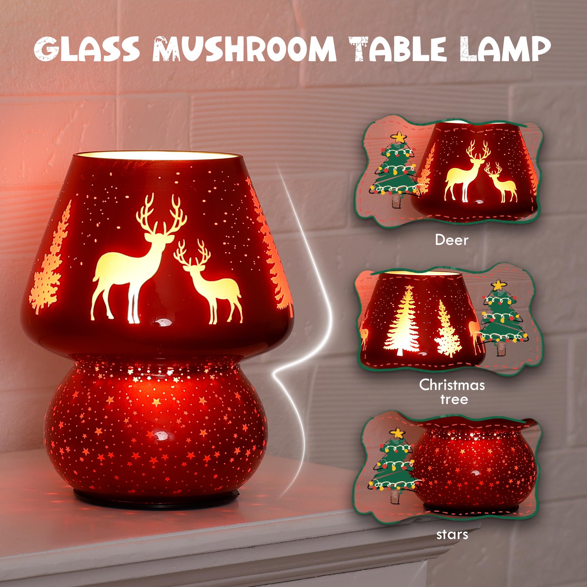 Ularoom Christmas Battery Operated Mushroom Lamp - Vintage Small Table Lamp With Timer, Cordless Bedside Nightstand Lamp, Glass