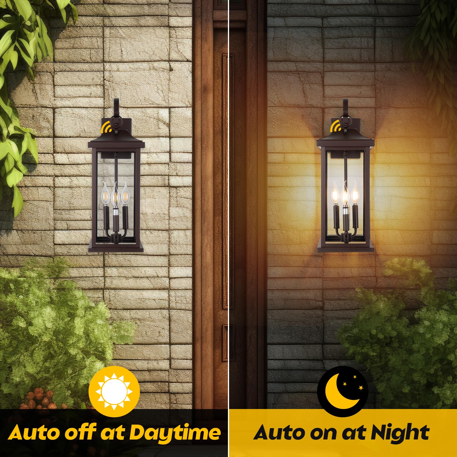 Roravilila Outdoor Light Fixture 3-Light Dusk to Dawn, 23” Vintage Bronze, Metal, E12, Wall Lantern for Porch/Garage