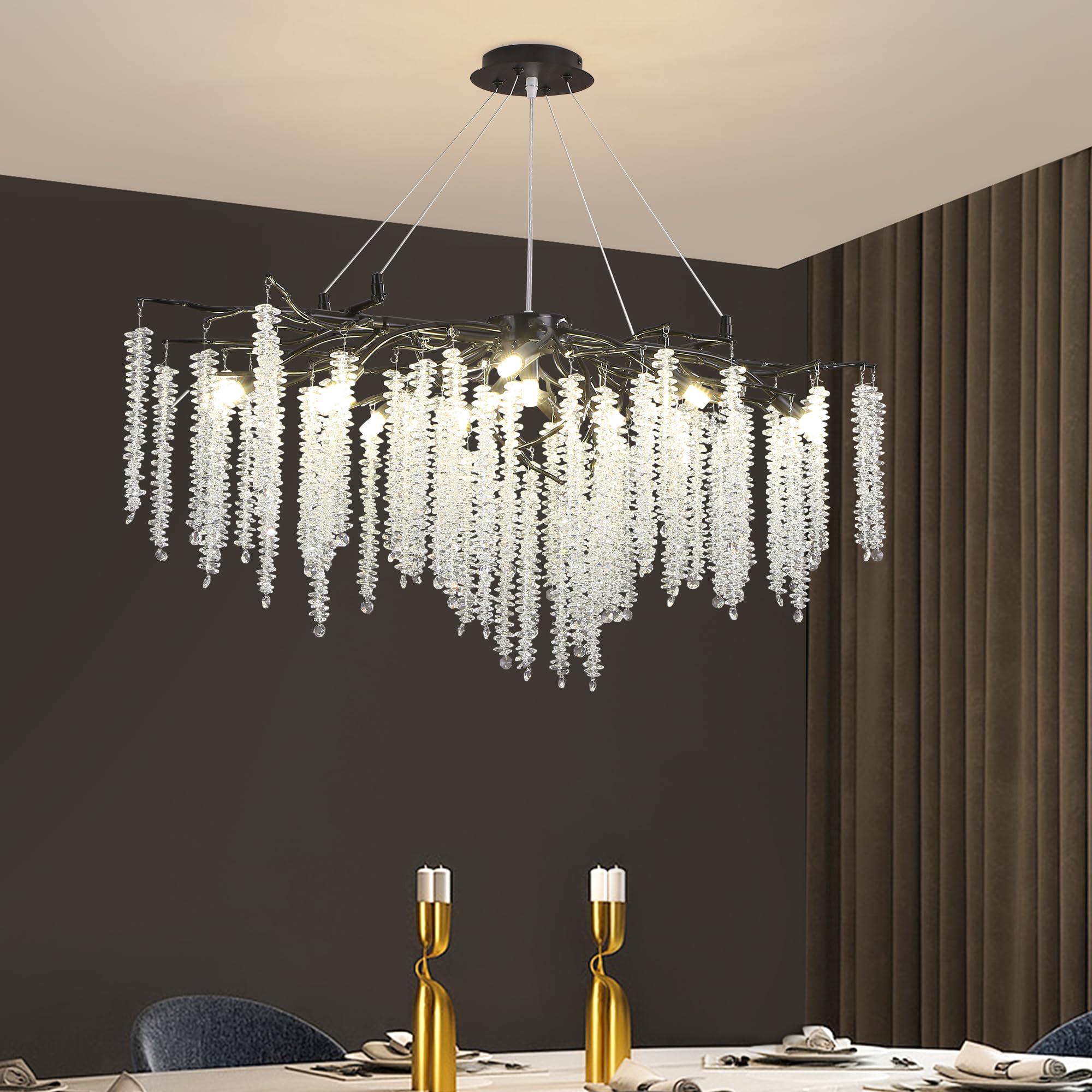 Upfelw Modern Crystal Tree Branch Chandelier Black, L42'' Art Deco Large Rectangle Linear Raindrop Indoor Lighting Fixture For D