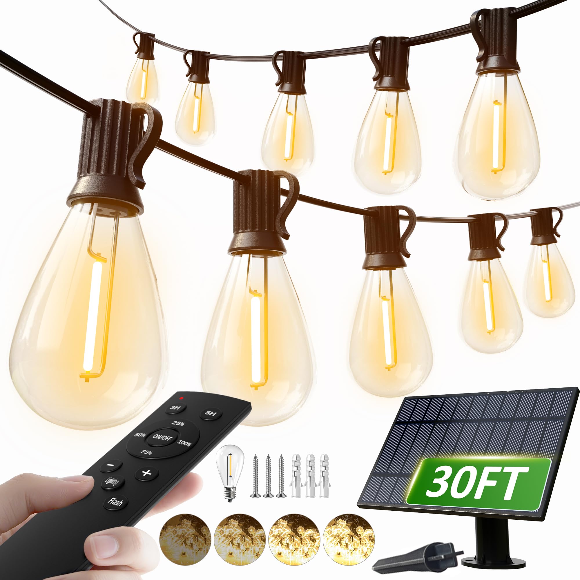 luckystyle Solar String Lights 30FT Waterproof 2200K, Dimmable, Remote, 10+1 Shatterproof Bulbs, LK-S11-030, Warm Yellow